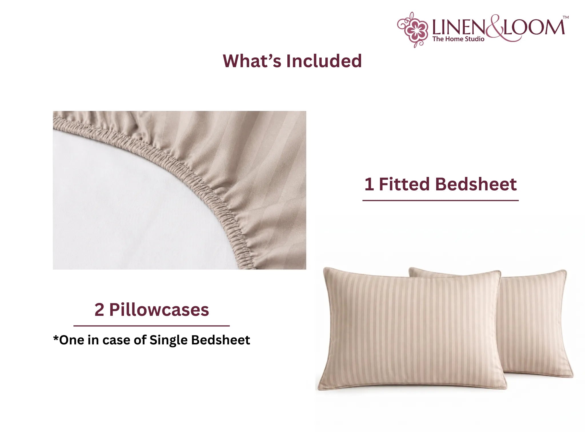 Beige - Linen & Loom Elegance King Size 360° Fitted (72X78 + 9 inches) Elasticated Bedsheet | Elegant Satin Stripes | No-Slip Design | Snug, Secure Grip | Fits Upto 8 Inch Mattress | 200 TC