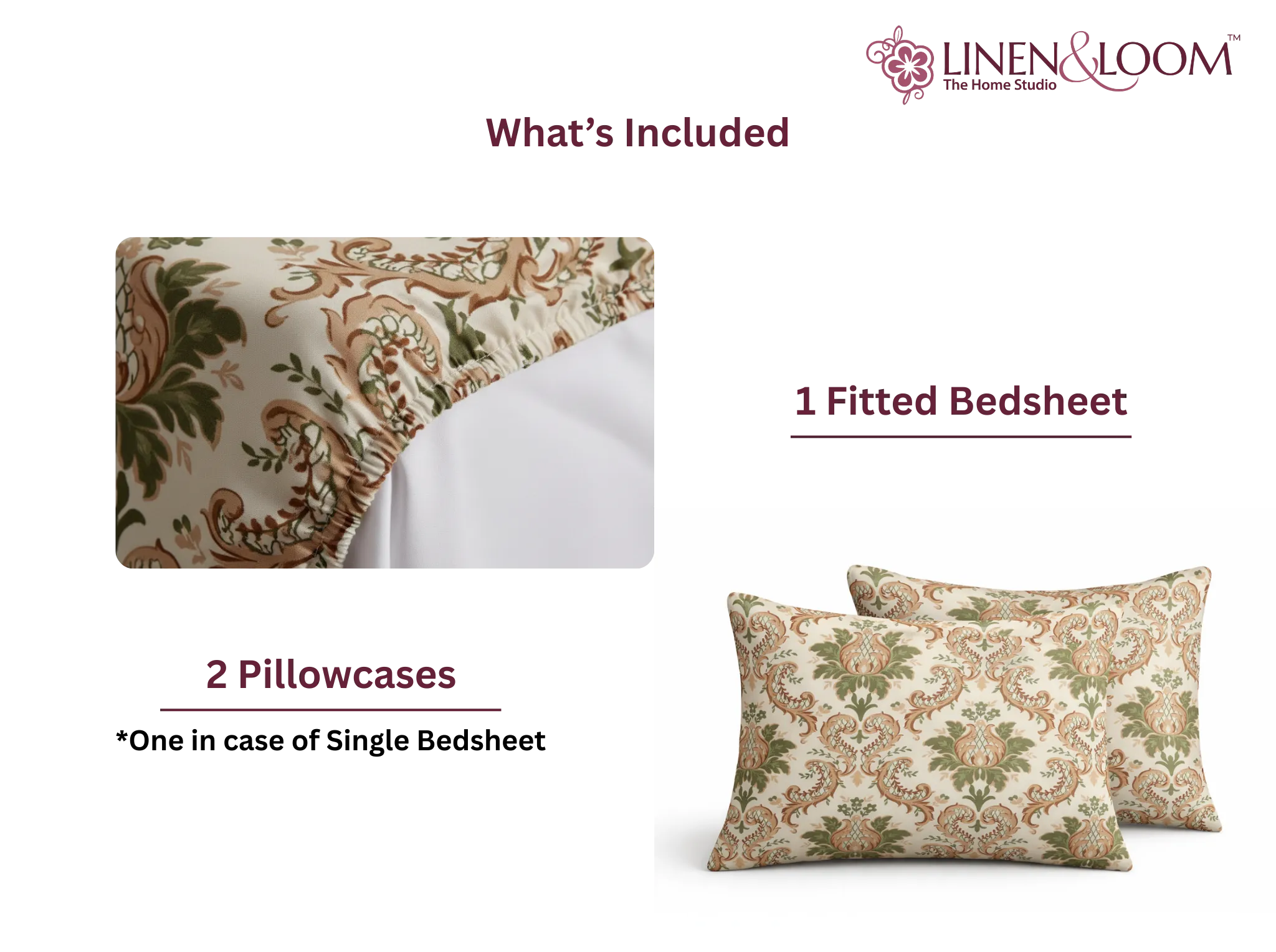Verdant Heirloom - Linen & Loom Pure Comfort Series 360° Elastic Fitted Bedsheet | Soft and Comfortable Bed Linen Set for a Cozy Bedroom | 200 TC | King Size 72x78 inches + 9 inches