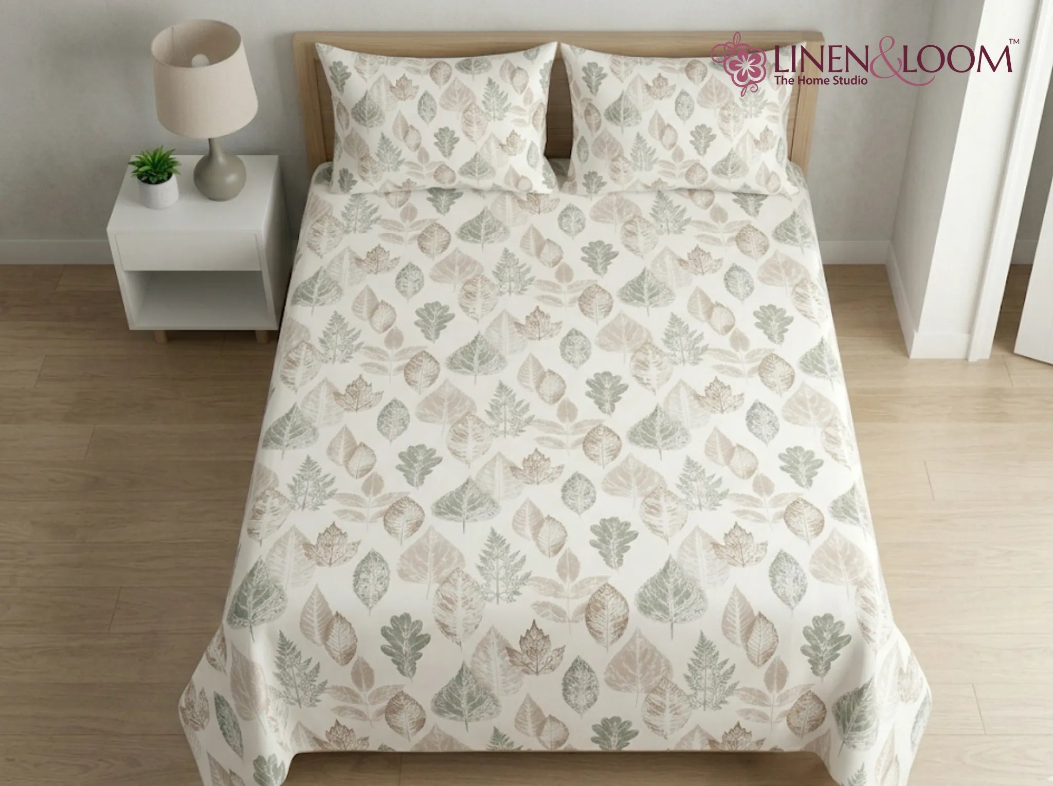 Rustic Leaves - Linen & Loom Serenity Series Super King Size (108x108 inches) Double Bedsheet with 2 Pillow Covers || Soft Breathable Cotton Feel Bedding Set with Elegant Geometric Design || TC 240