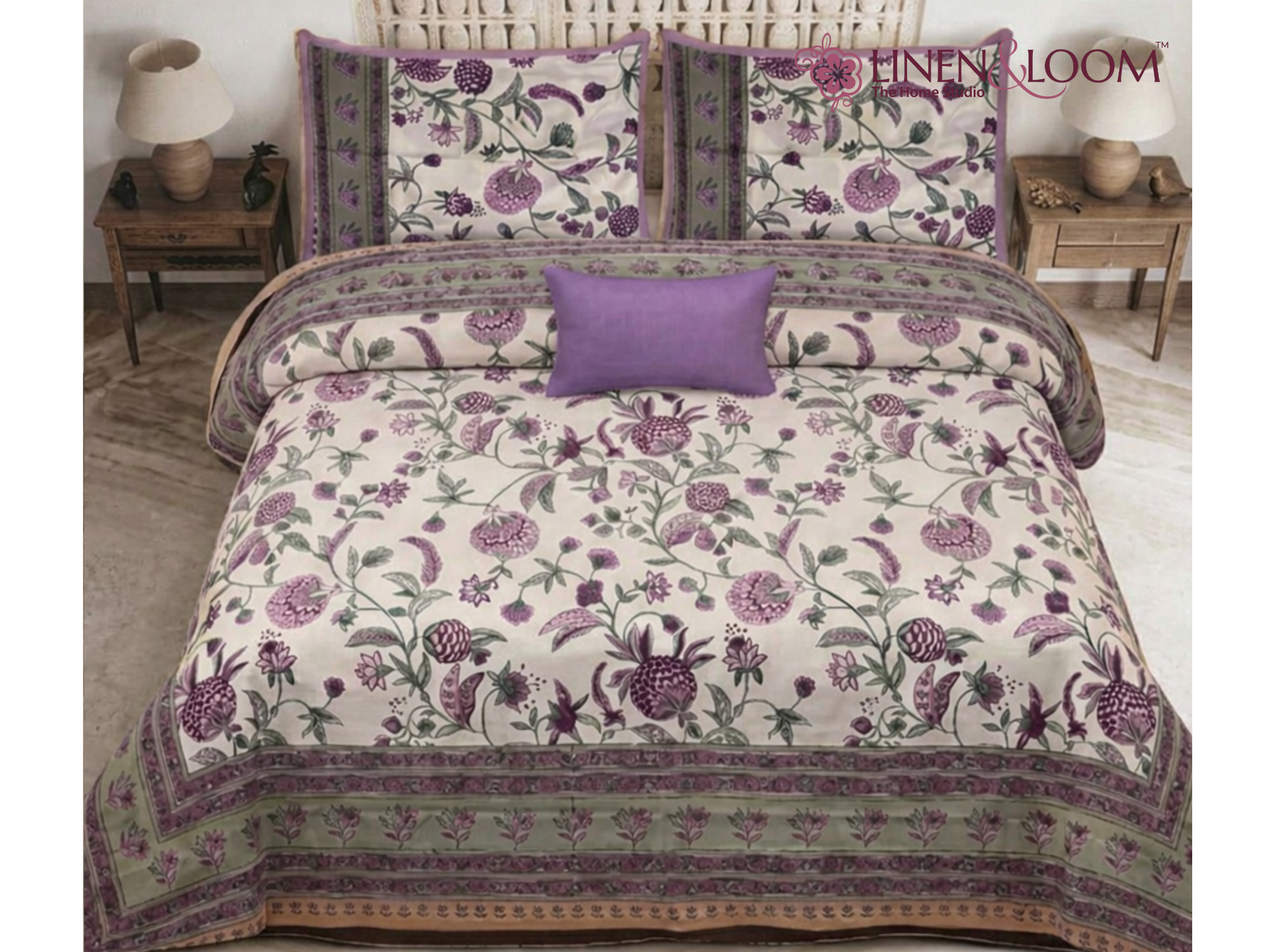 Firdaus Heritage - Lilac — Maharani Motifs Bedsheet | Linen & Loom