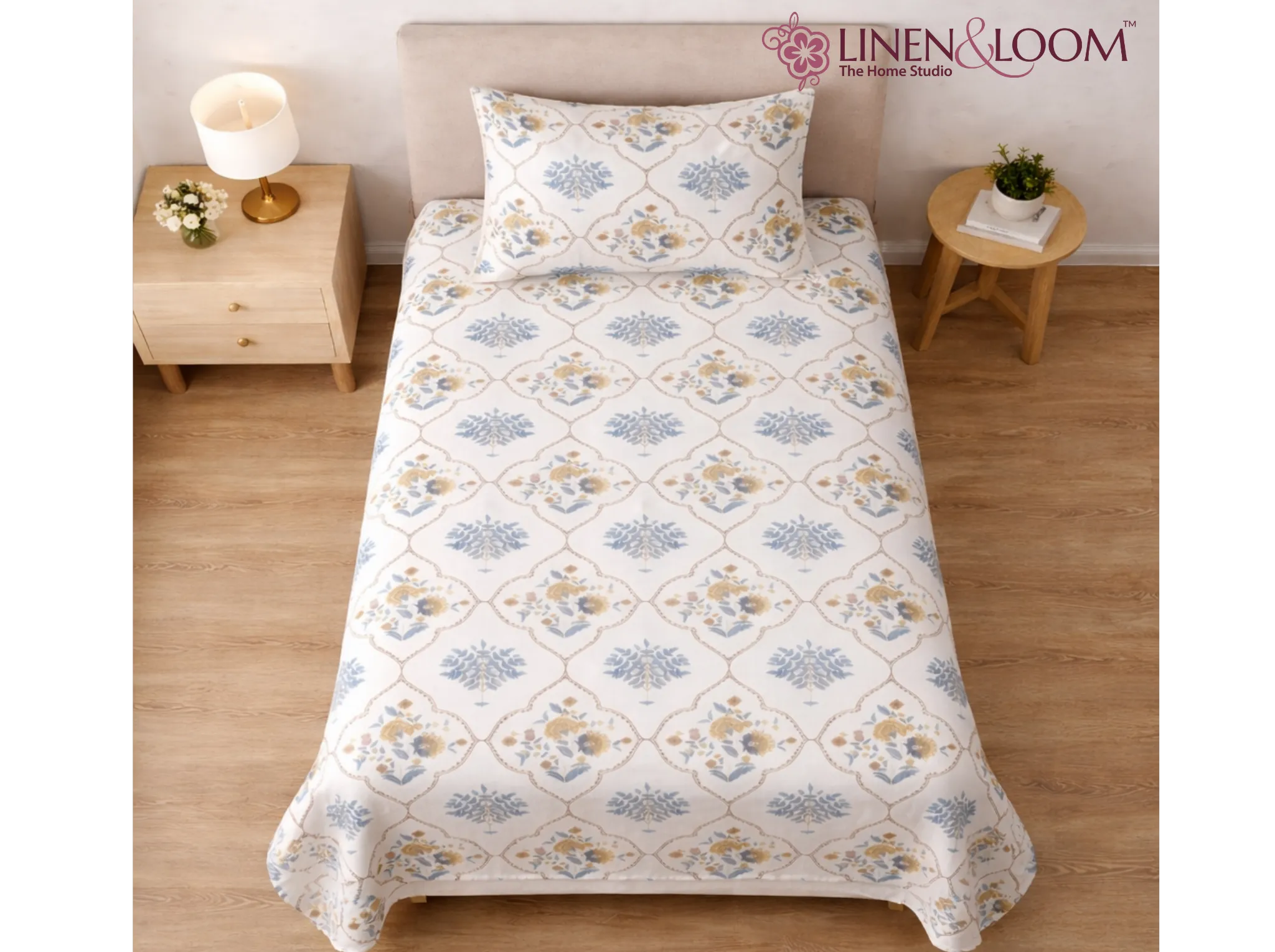 Maharani Bagh - Brown - Linen & Loom The Natural Collection - 100% Pure Cotton Single Bedsheet (60 x 90 Inches) with 1 Pillow Cover | 240 TC - Soft & Breathable Cotton Bed Sheet for Bedroom