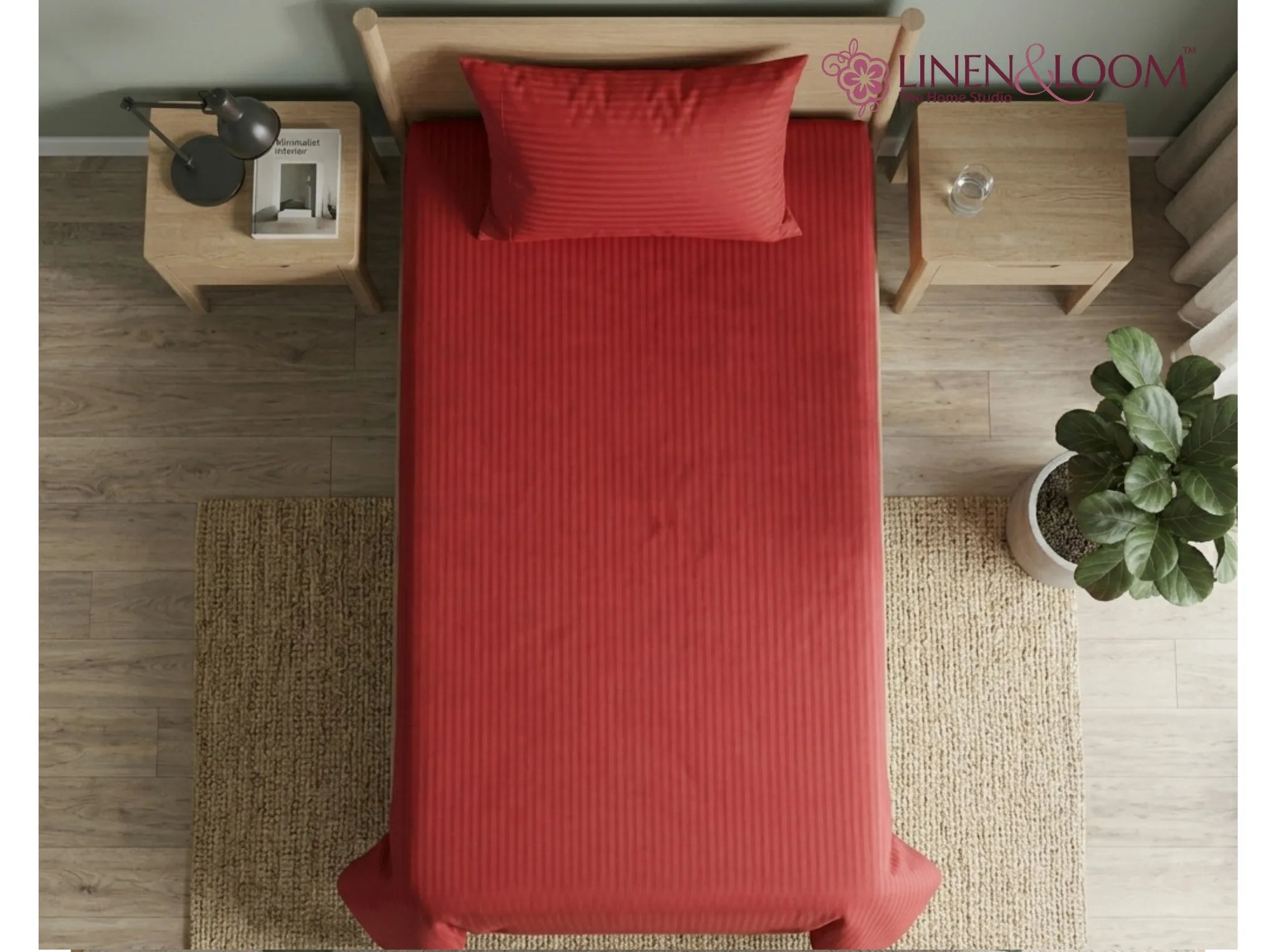 Bright Red - Linen & Loom Elegance Series (60x90 inches) Bedsheet with 1 Pillow Cover | Luxury Striped Cotton Blend Bedsheet Set | Soft, Breathable & Hotel-Style Finish | TC 200