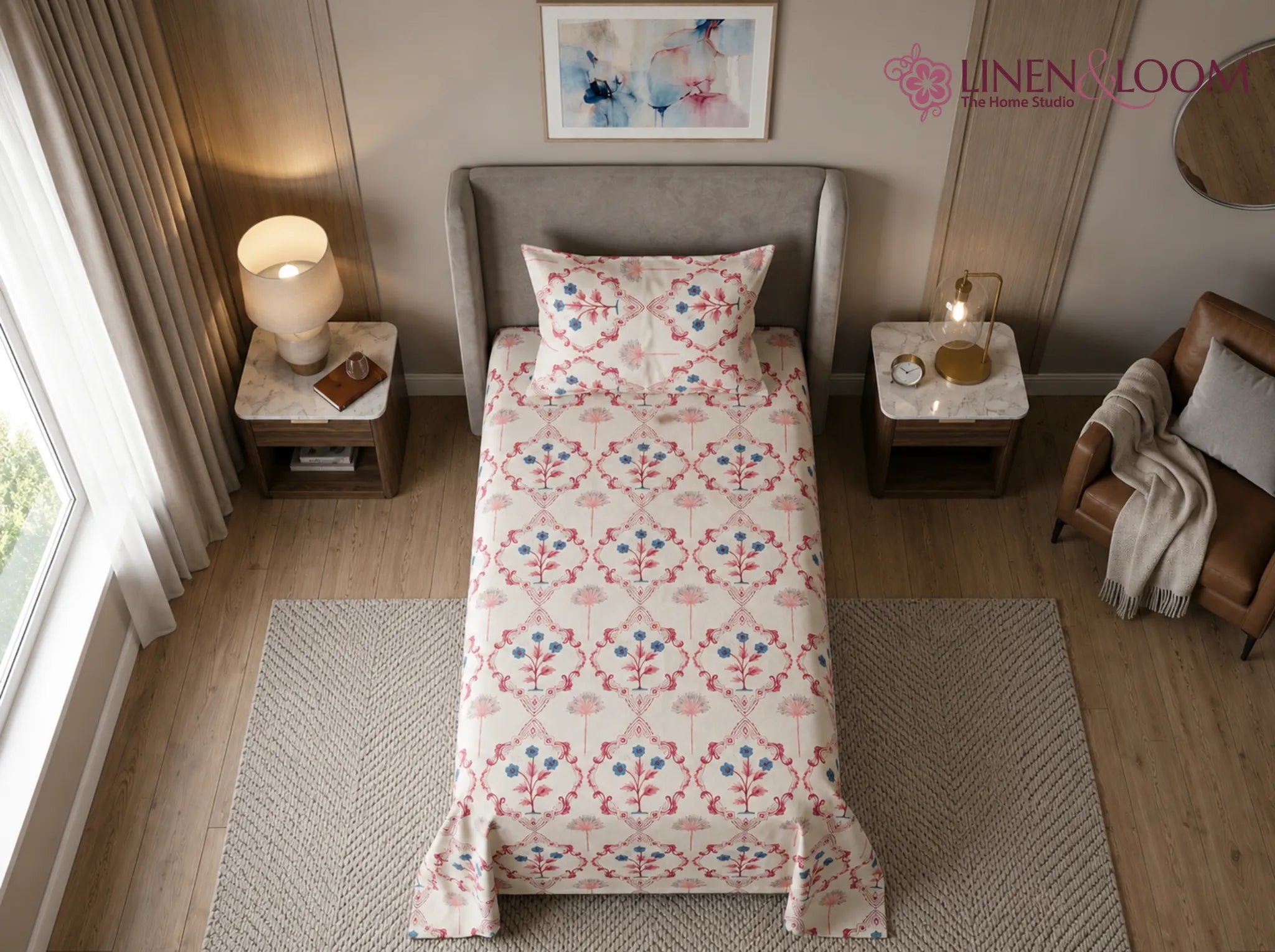 Heritage Flora - Linen & Loom The Natural Collection - 100% Pure Cotton Single Bedsheet (60 x 90 Inches) with 1 Pillow Cover | 240 TC - Soft & Breathable Cotton Bed Sheet for Bedroom