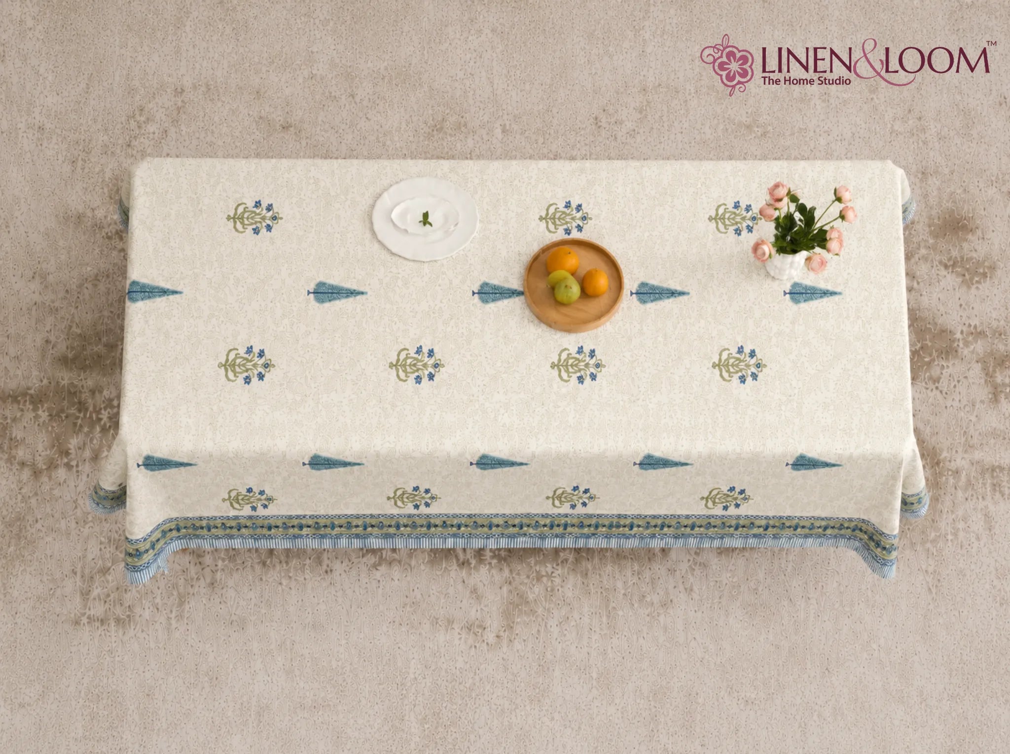 Indigo Heritage - Linen & Loom Rajwada Heritage 6-Seater Table Cover | 100% Premium Cotton Slub | 200 TC | 160 GSM | 1.5 x 2.25 Meters