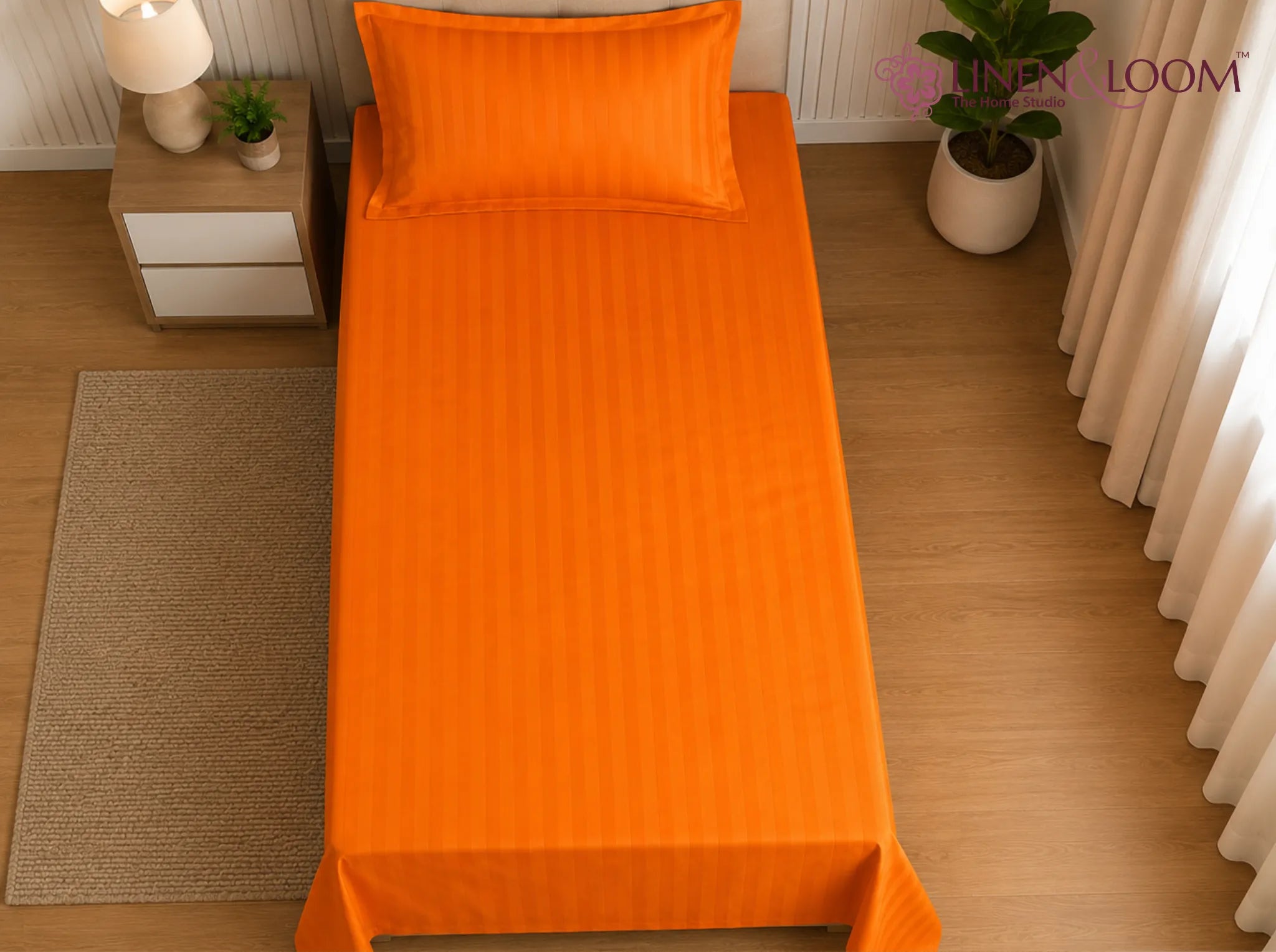 Orange - Linen & Loom Elegance Series (60x90 inches) Bedsheet with 1 Pillow Cover | Luxury Striped Cotton Blend Bedsheet Set | Soft, Breathable & Hotel-Style Finish | TC 200