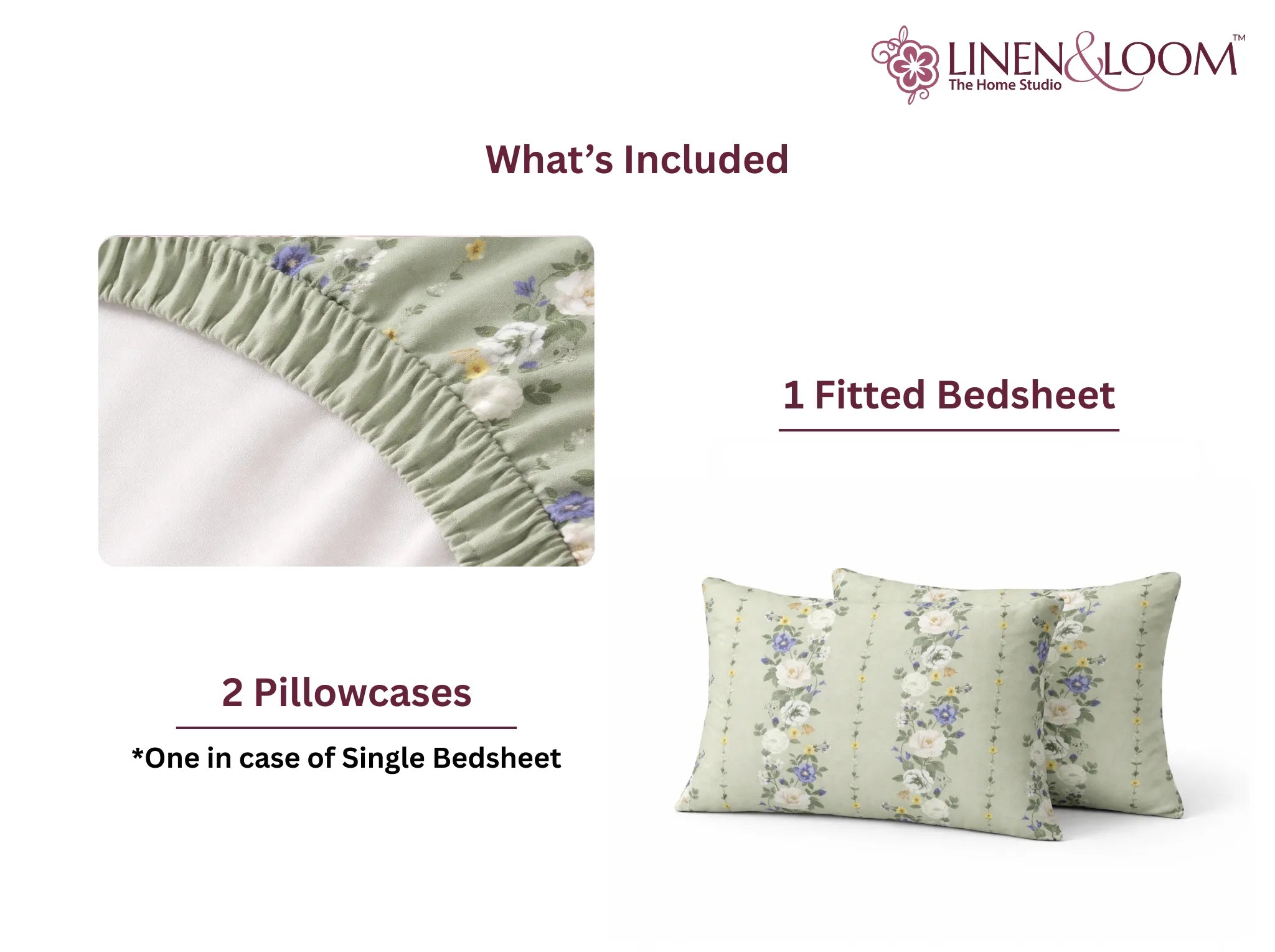 Sage Bloom - Linen & Loom Pure Comfort Series 360° Elastic Fitted Bedsheet | Soft and Comfortable Bed Linen Set for a Cozy Bedroom | 200 TC | King Size 72x78 inches + 9 inches