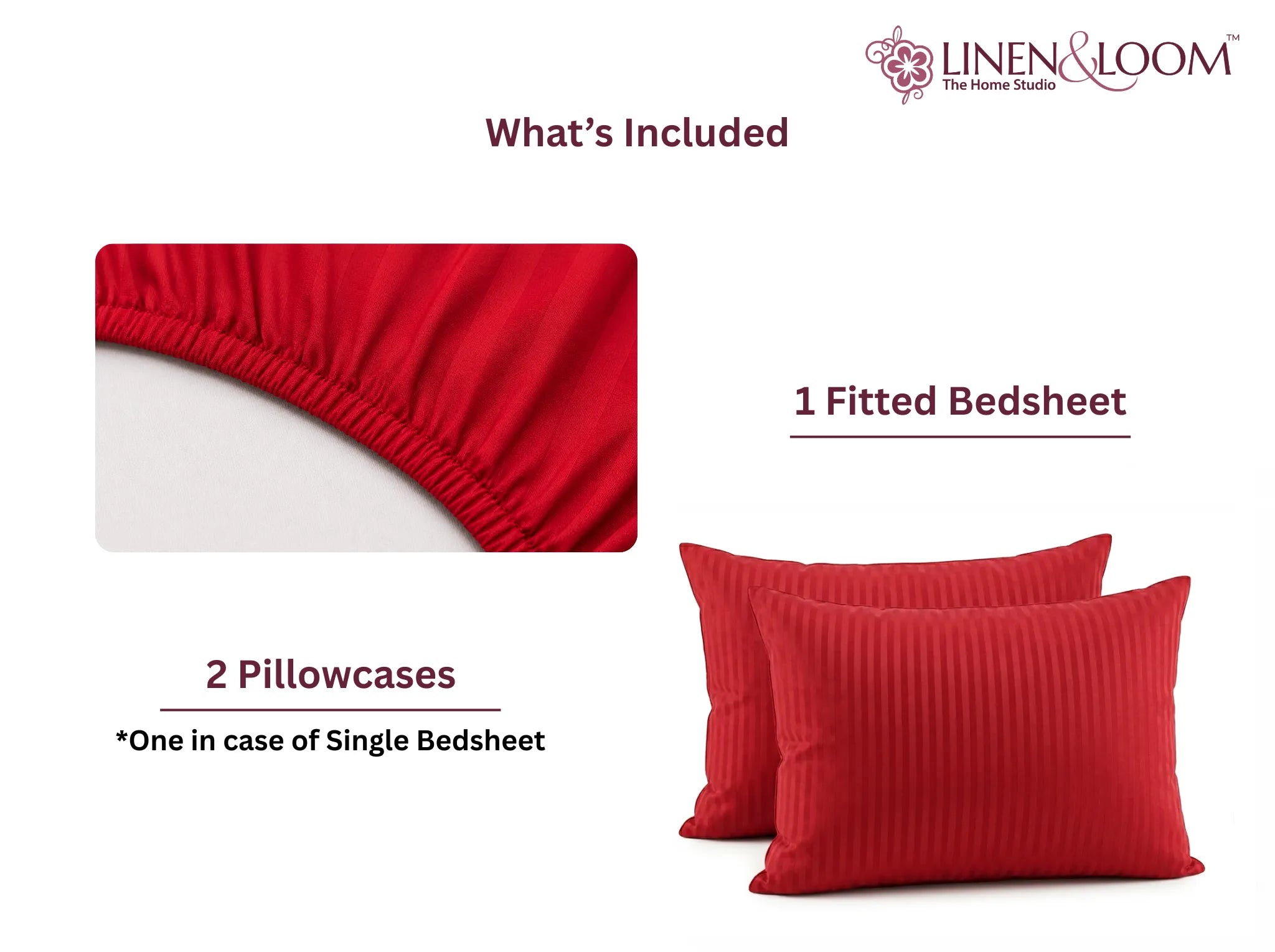 Bright Red - Linen & Loom Elegance King Size 360° Fitted (72X78 + 9 inches) Elasticated Bedsheet | Elegant Satin Stripes | No-Slip Design | Snug, Secure Grip | Fits Upto 8 Inch Mattress | 200 TC