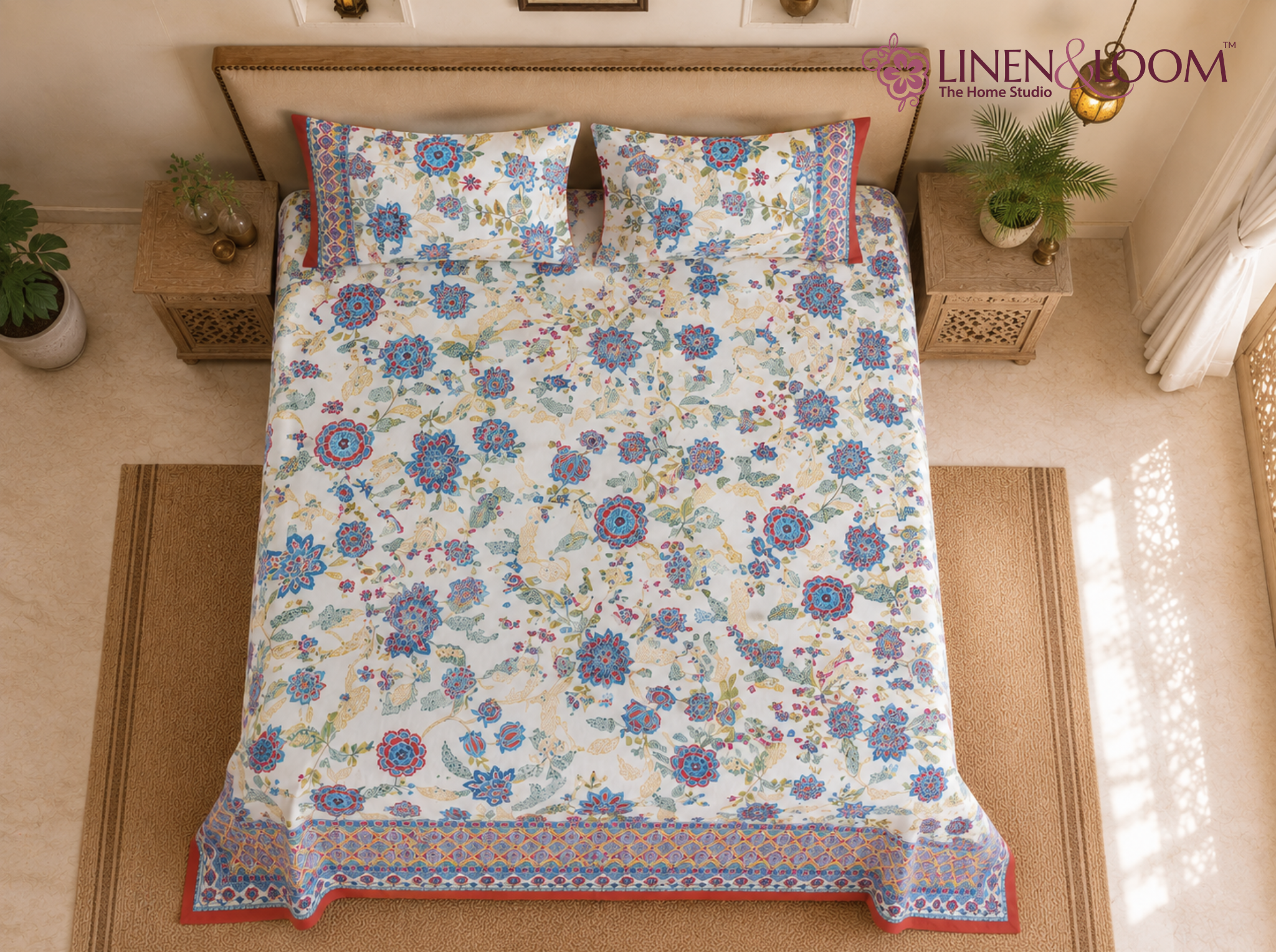 Royal Botanica_Blue — Linen & Loom Jaipur Heritage Super King Size (108 x 108 inches) 100% Pure Cotton Bedsheet with 2 Pillow Covers | Soft & Breathable Bed Cover for Home Decor | 240 TC