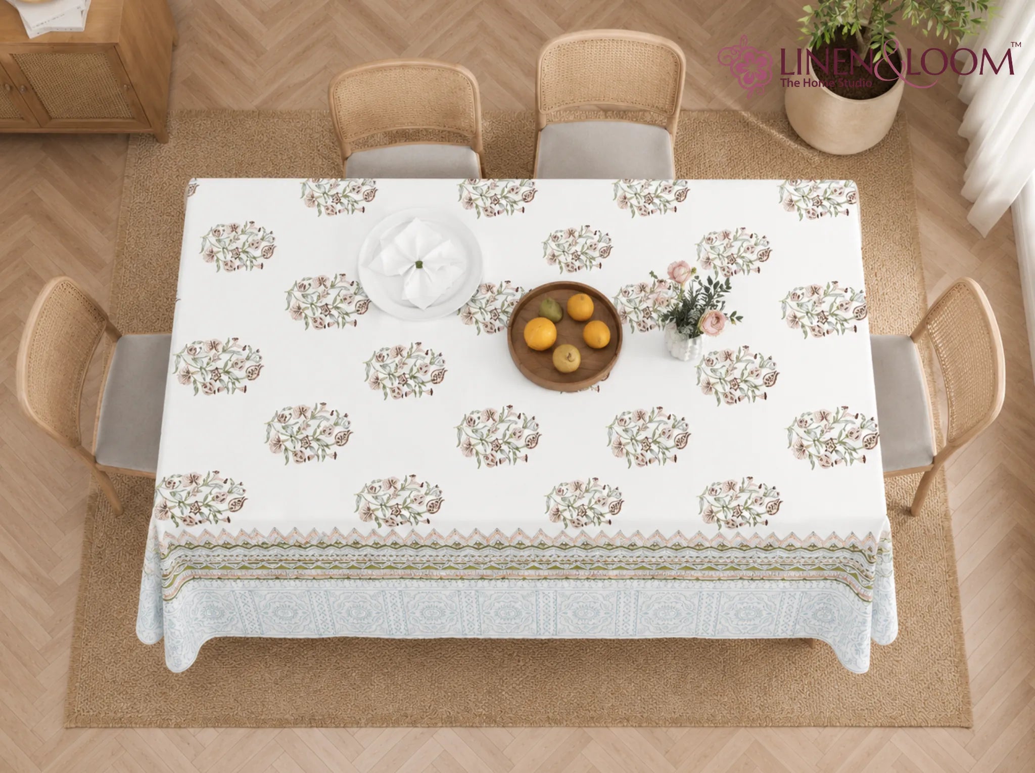 Olive Meadow - Linen & Loom Rajwada Heritage 6-Seater Table Cover | 100% Premium Cotton Slub | 200 TC | 160 GSM | 1.5 x 2.25 Meters