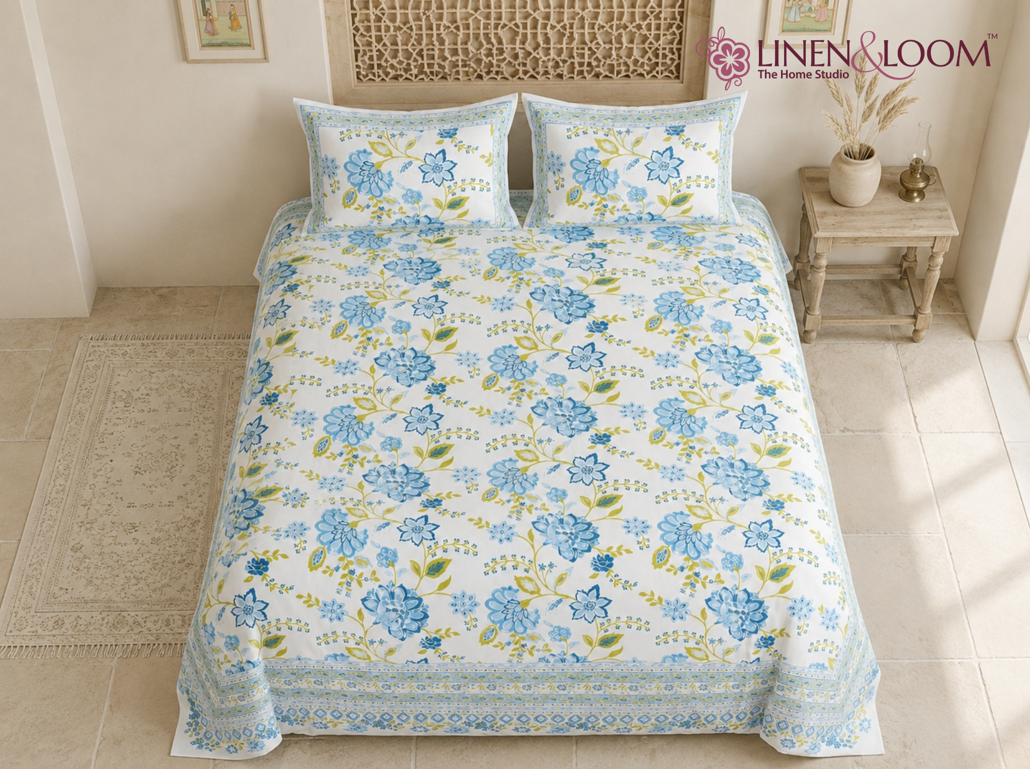 Signature Flora-Beige — Linen & Loom Jaipur Heritage Super King Size (108 x 108 inches) 100% Pure Cotton Bedsheet with 2 Pillow Covers | Soft & Breathable Bed Cover for Home Decor | 240 TC