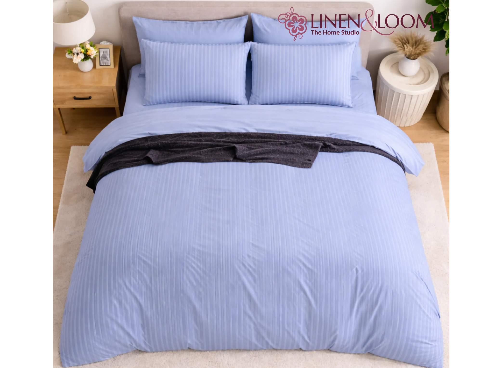 Powder blue - Linen & Loom Elegance Series Super King Size Bedsheet with 2 Pillow Covers | Luxury Striped Cotton Blend Bedsheet Set 200 TC | Soft, Breathable & Hotel-Style Finish (108 x 108 inches)