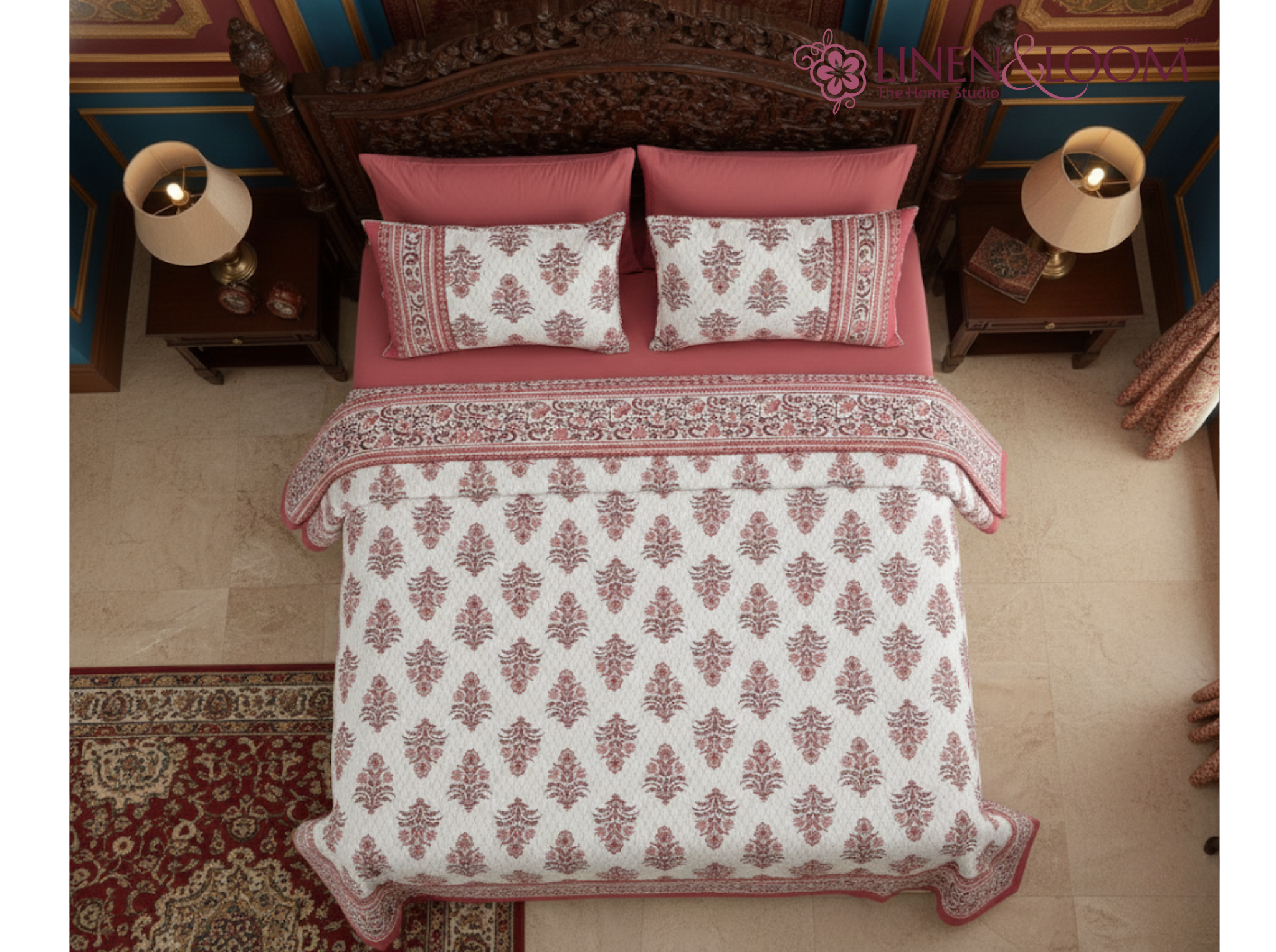 Darbar Elegance - Red — Linen & Loom Jaipur Heritage Super King Size (108 x 108 inches) 100% Pure Cotton Bedsheet with 2 Pillow Covers | Soft & Breathable Bed Cover for Home Decor | 240 TC