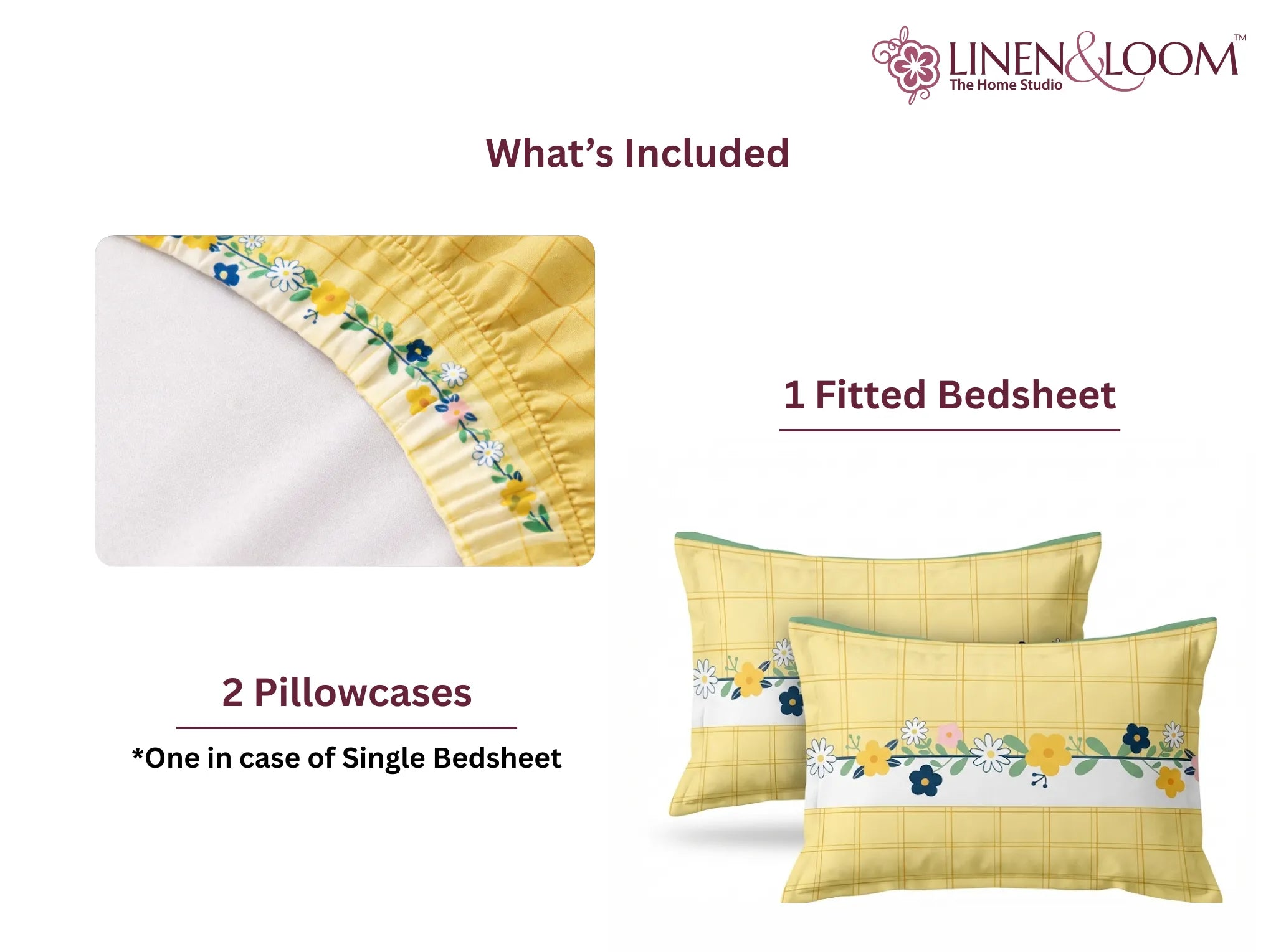 Floral Sunshine - Linen & Loom Pure Comfort Series 360° Elastic Fitted Bedsheet | Soft and Comfortable Bed Linen Set for a Cozy Bedroom | 200 TC | King Size 72x78 inches + 9 inches