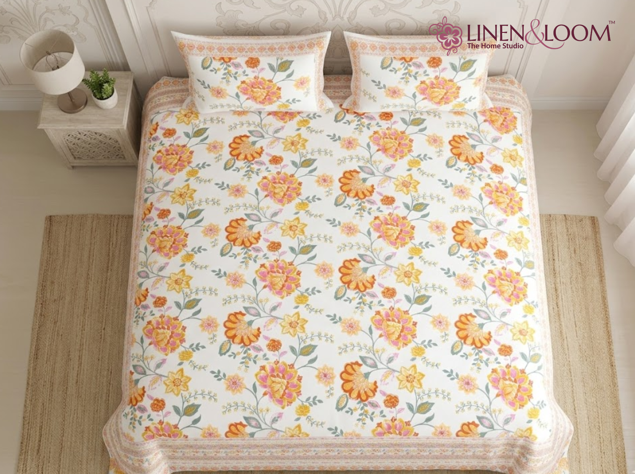 Gulbahar Classic-Orange — Linen & Loom Jaipur Heritage Super King Size (108 x 108 inches) 100% Pure Cotton Bedsheet with 2 Pillow Covers | Soft & Breathable Bed Cover for Home Decor | 240 TC