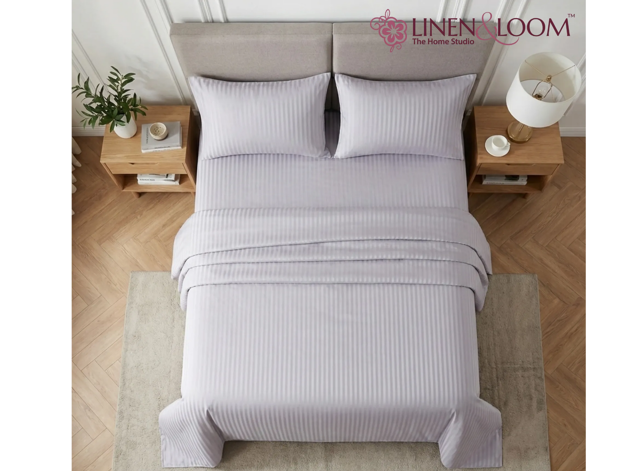 Light grey - Linen & Loom Elegance Series Super King Size Bedsheet with 2 Pillow Covers | Luxury Striped Cotton Blend Bedsheet Set 200 TC | Soft, Breathable & Hotel-Style Finish (108 x 108 inches)