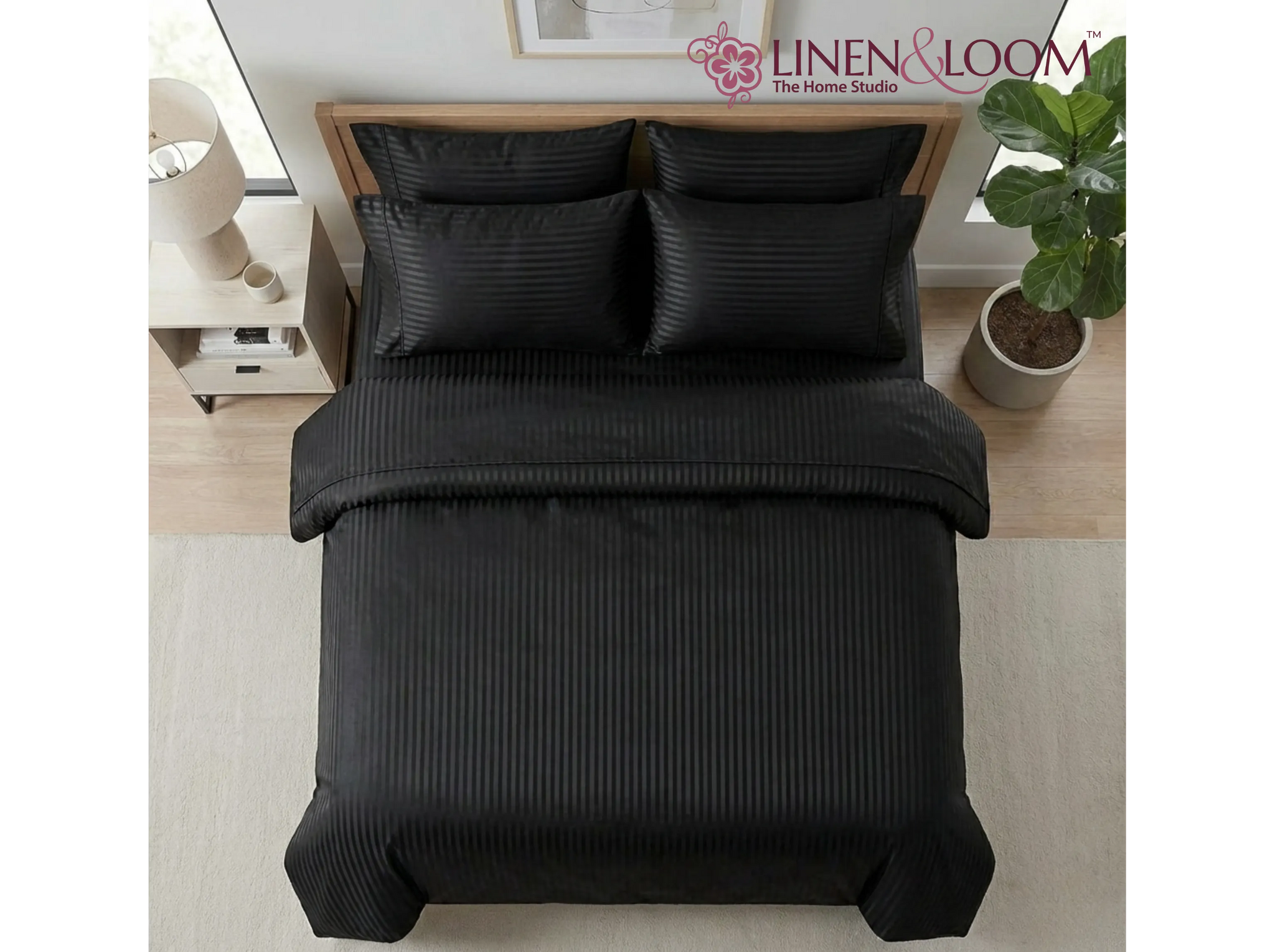 Black - Linen & Loom Elegance Series Super King Size Bedsheet with 2 Pillow Covers | Luxury Striped Cotton Blend Bedsheet Set 200 TC | Soft, Breathable & Hotel-Style Finish (108 x 108 inches)