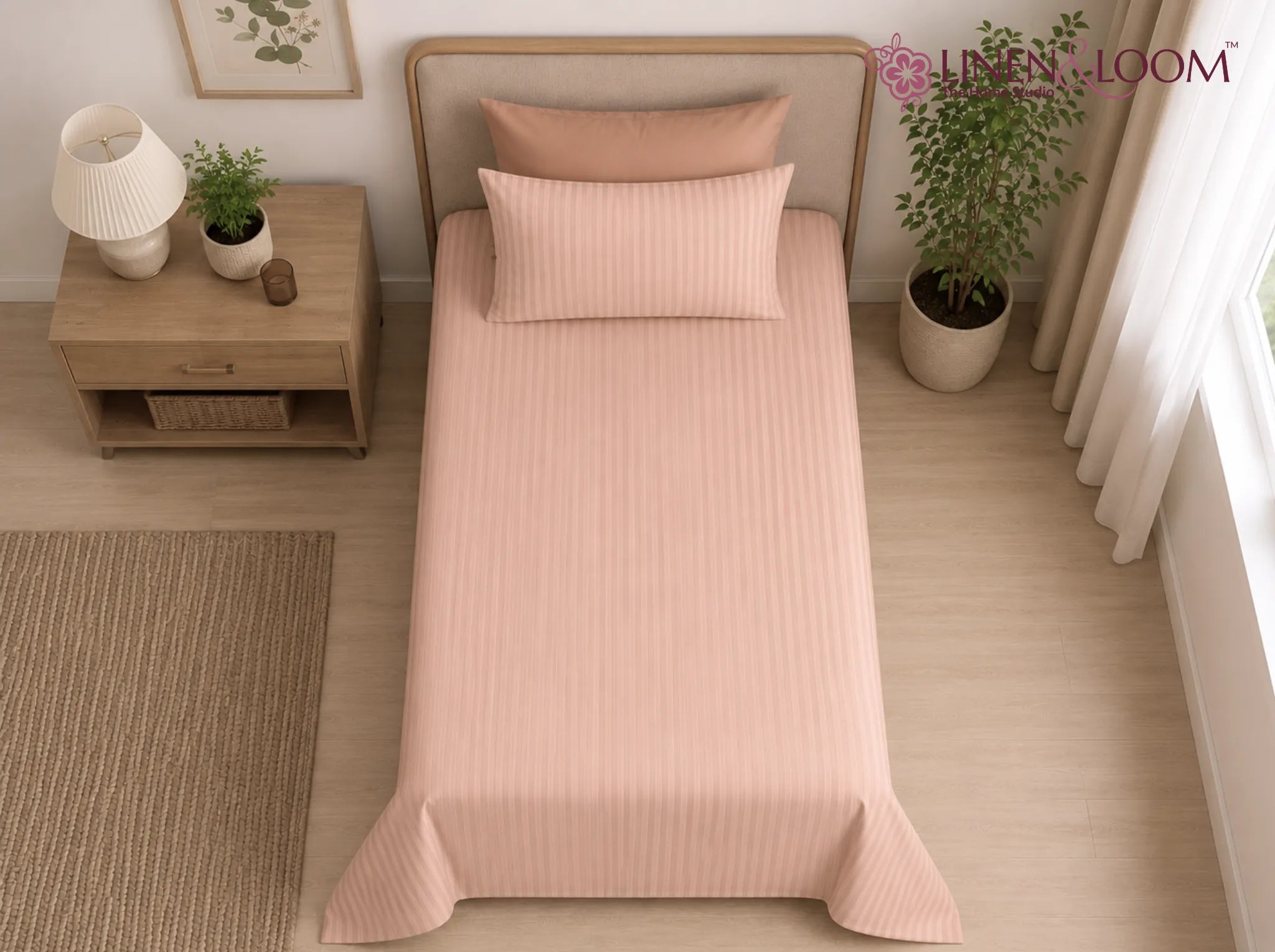 Peach - Linen & Loom Elegance Series (60x90 inches) Bedsheet with 1 Pillow Cover | Luxury Striped Cotton Blend Bedsheet Set | Soft, Breathable & Hotel-Style Finish | TC 200