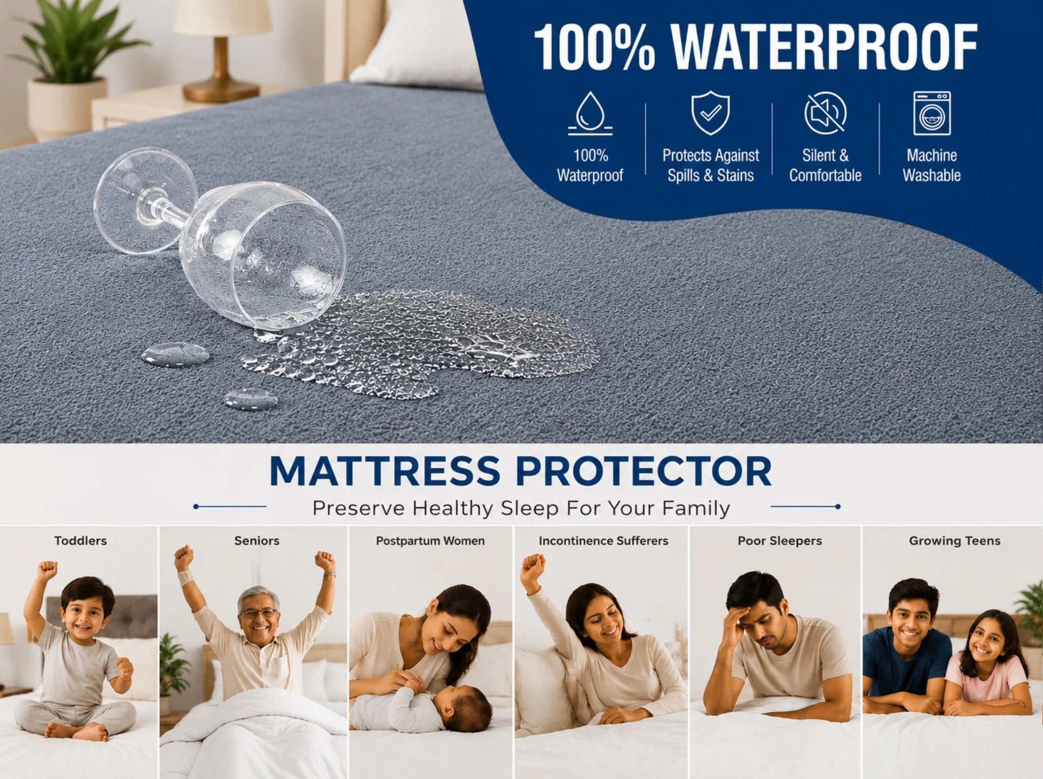 Light Grey - Linen & Loom Premium Mattress Protector | Queen Size (60 x 78 Inches) | Waterproof Fitted Mattress Cover