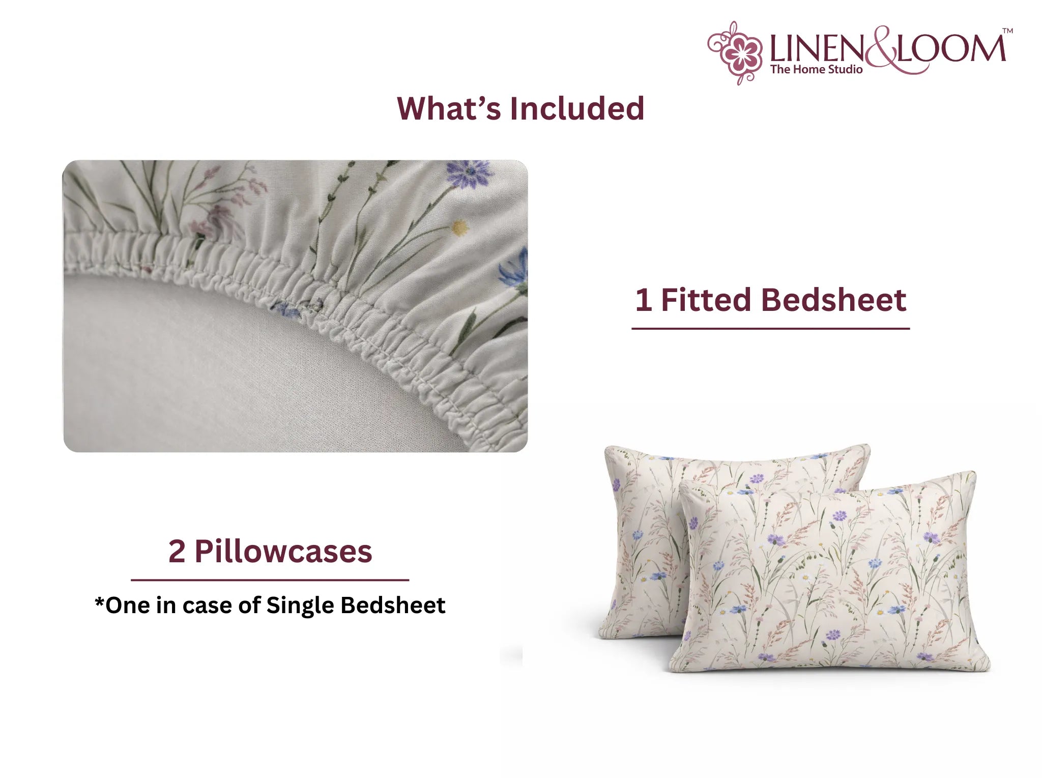 Ivory Wildflower - Linen & Loom Pure Comfort Series 360° Elastic Fitted Bedsheet | Soft and Comfortable Bed Linen Set for a Cozy Bedroom | 200 TC | King Size 72x78 inches + 9 inches