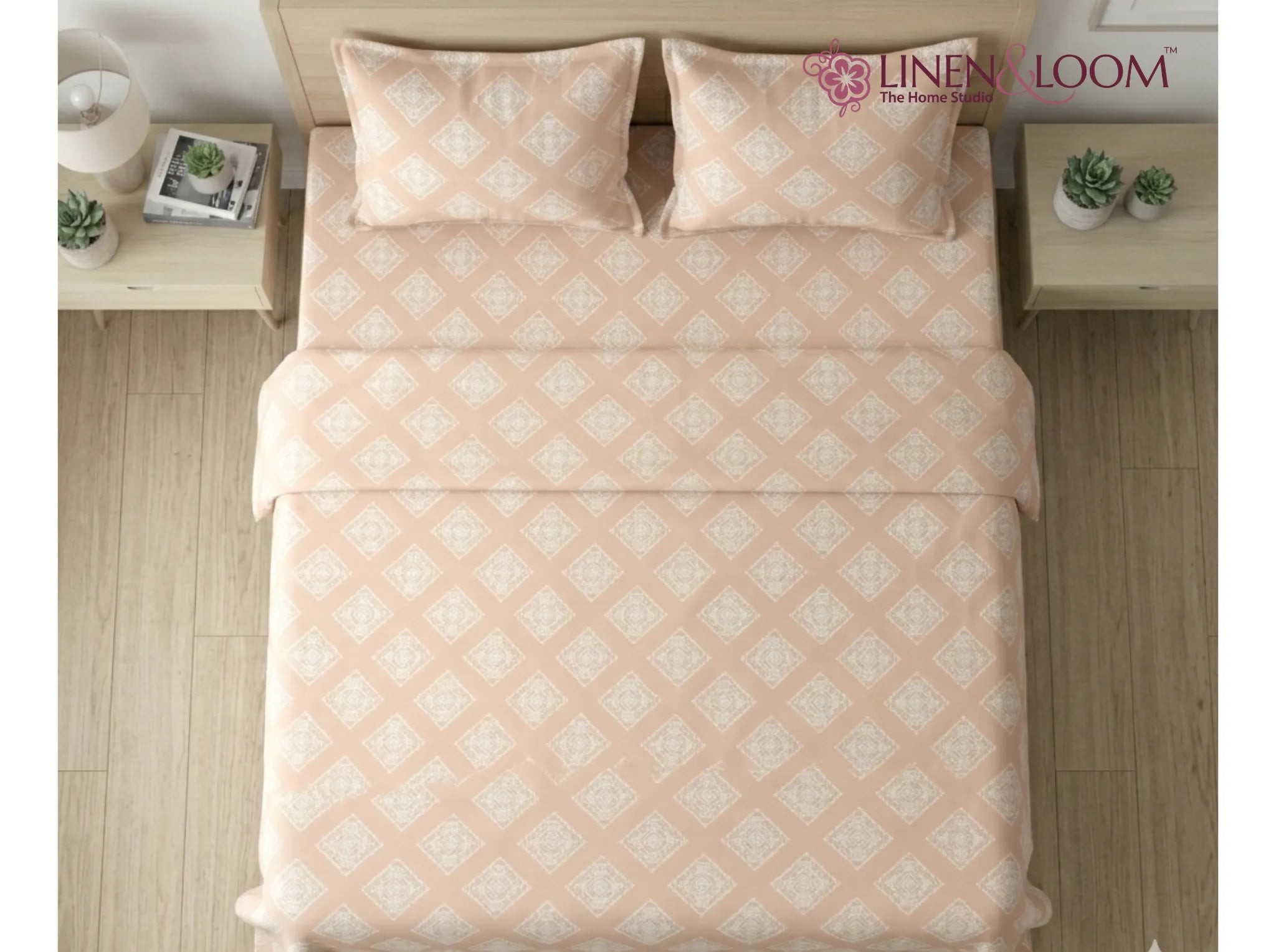 Blush Mosaic - Linen & Loom Serenity Series Super King Size (108x108 inches) Double Bedsheet with 2 Pillow Covers || Soft Breathable Cotton Feel Bedding Set with Elegant Geometric Design || TC 240