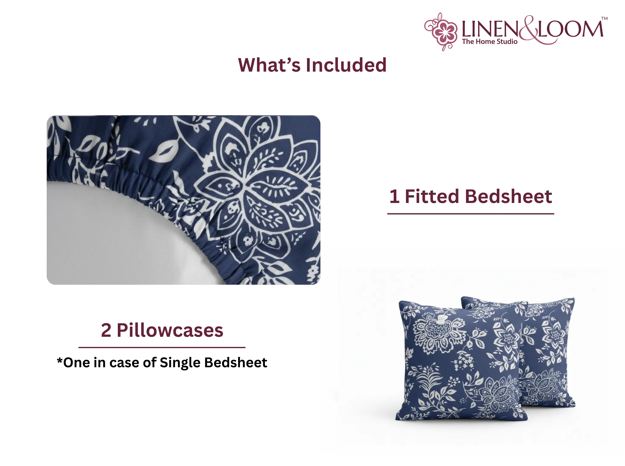 Indigo Lace - Linen & Loom Pure Comfort Series 360° Elastic Fitted Bedsheet | Soft and Comfortable Bed Linen Set for a Cozy Bedroom | 200 TC | King Size 72x78 inches + 9 inches