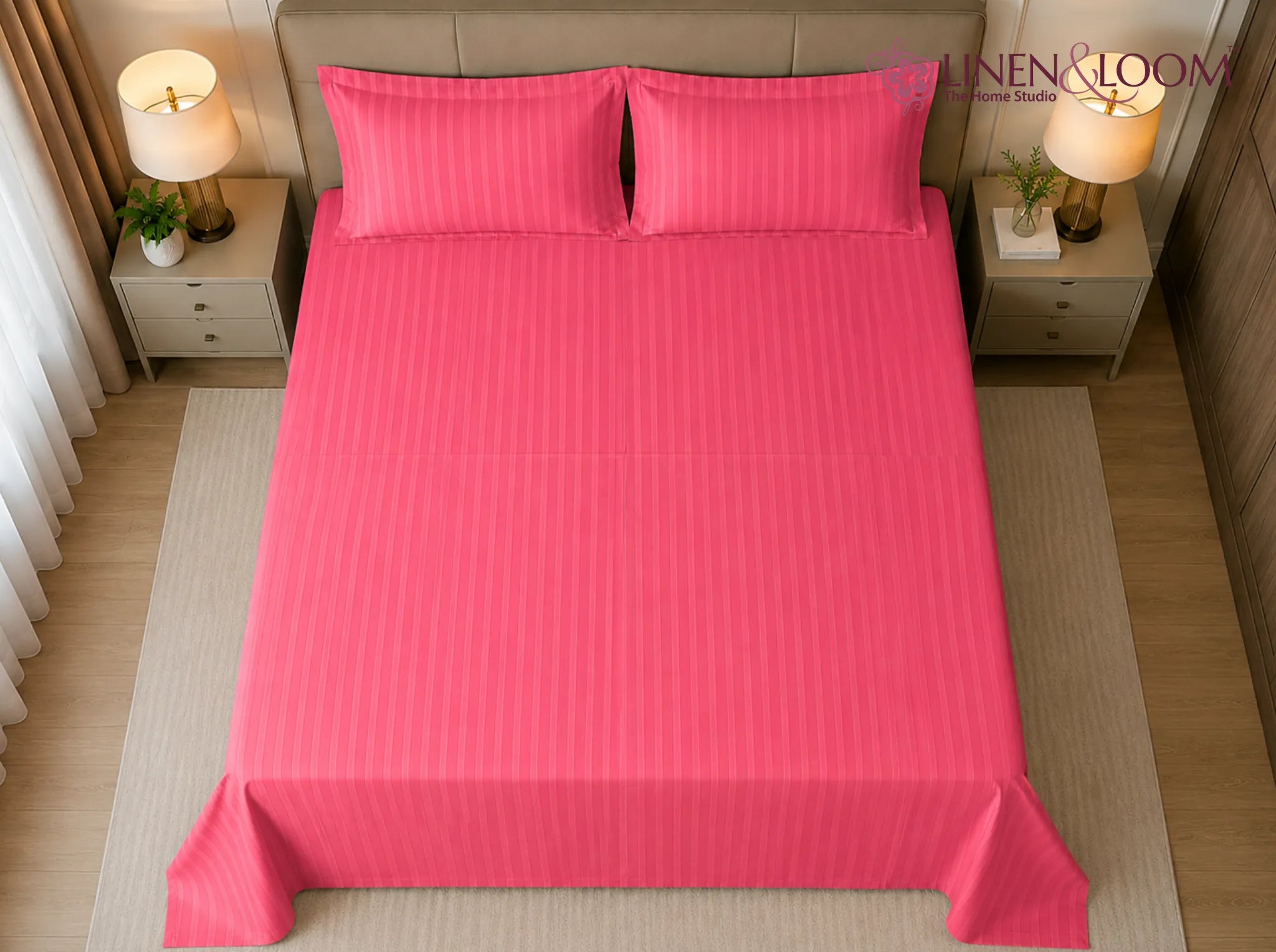 Flamingo Pink - Linen & Loom Elegance Series King Size Bedsheet (90 x 100 Inches) with 2 Pillow Covers | Luxury Striped Cotton Blend | 200 TC | Soft, Breathable & Hotel-Style Finish