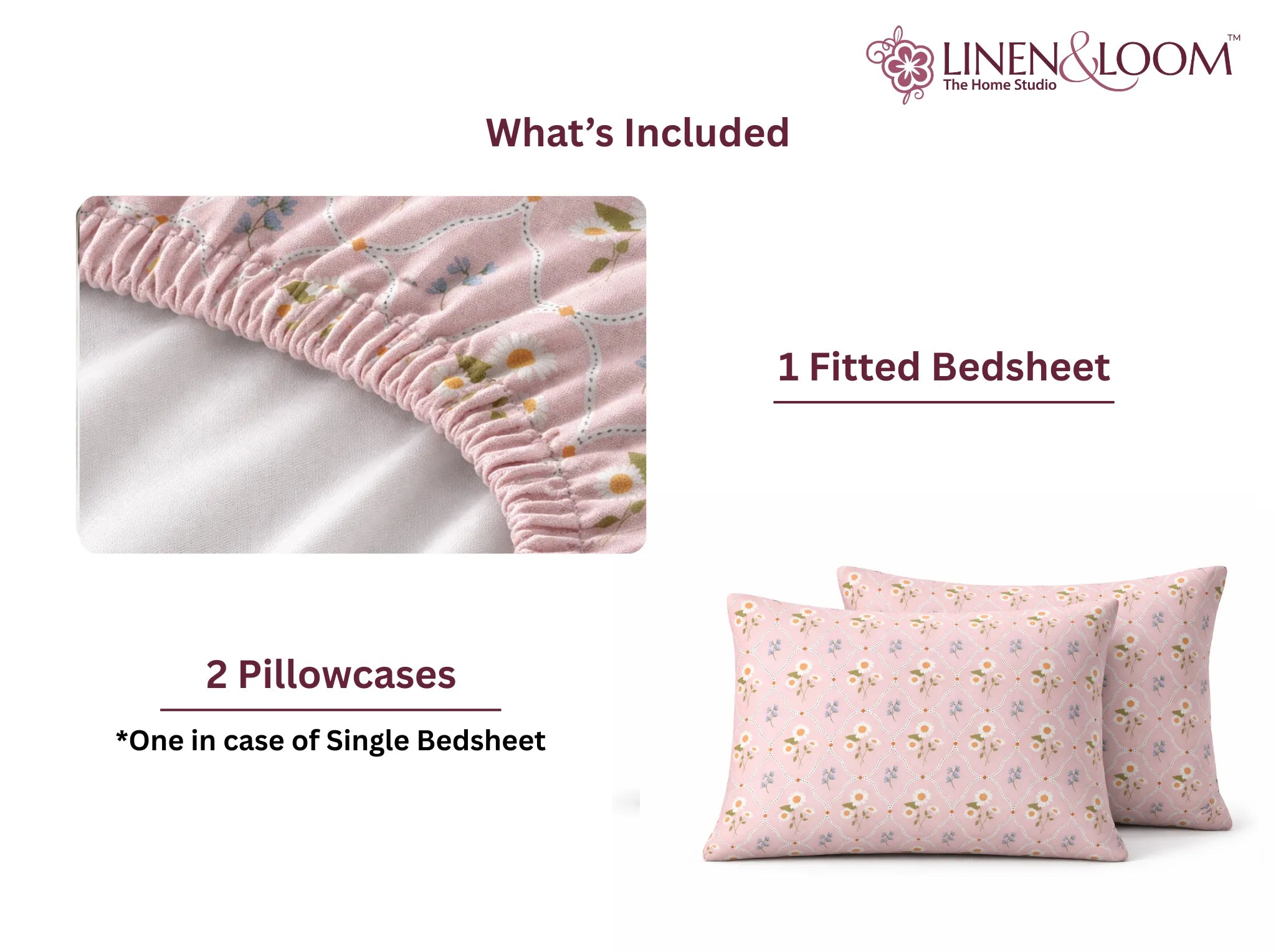 Daisy Petale - Linen & Loom Pure Comfort Series 360° Elastic Fitted Bedsheet | Soft and Comfortable Bed Linen Set for a Cozy Bedroom | 200 TC | King Size 72x78 inches + 9 inches