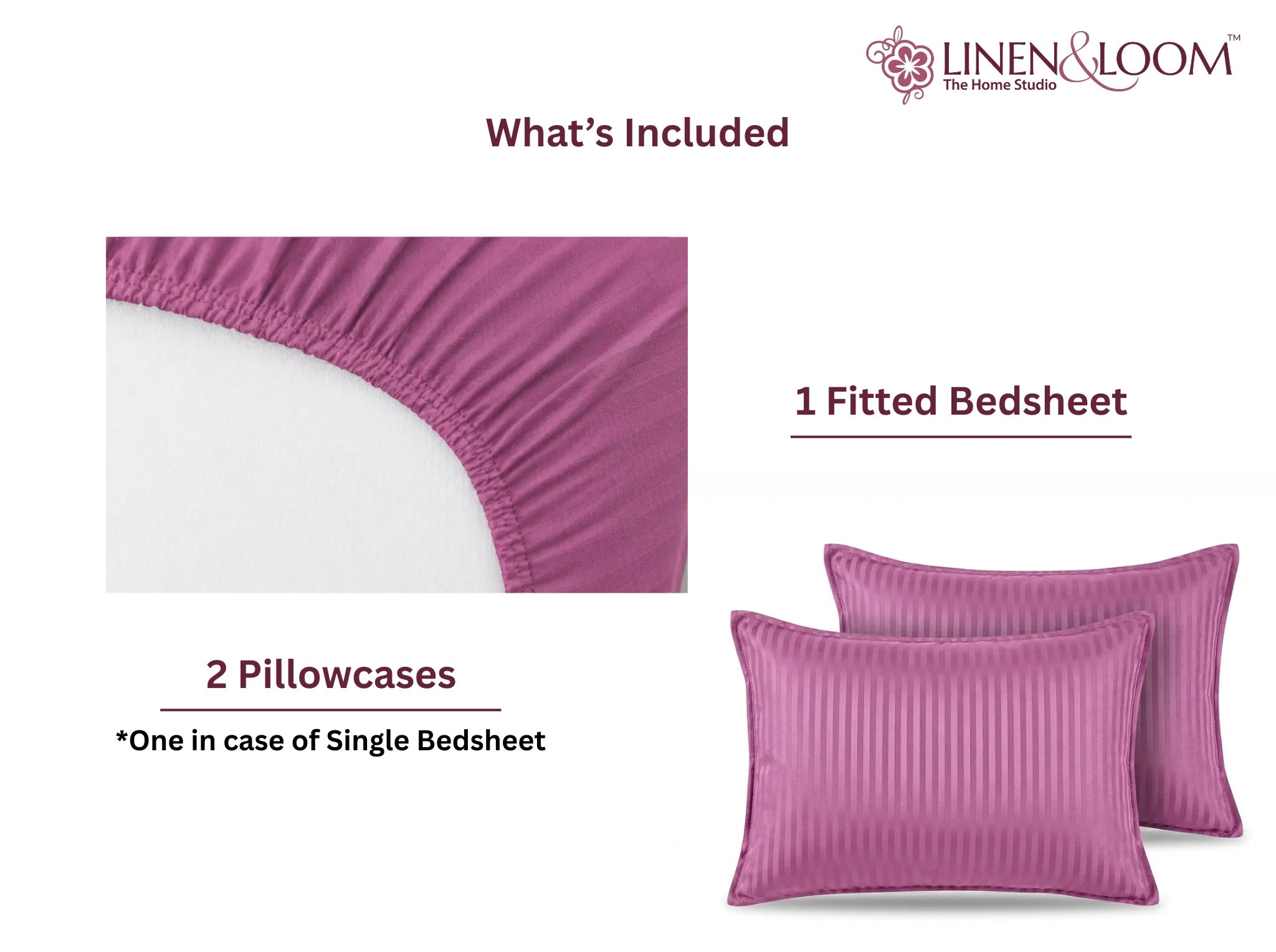 Rose Pink - Linen & Loom Elegance King Size 360° Fitted (72X78 + 9 inches) Elasticated Bedsheet | Elegant Satin Stripes | No-Slip Design | Snug, Secure Grip | Fits Upto 8 Inch Mattress | 200 TC