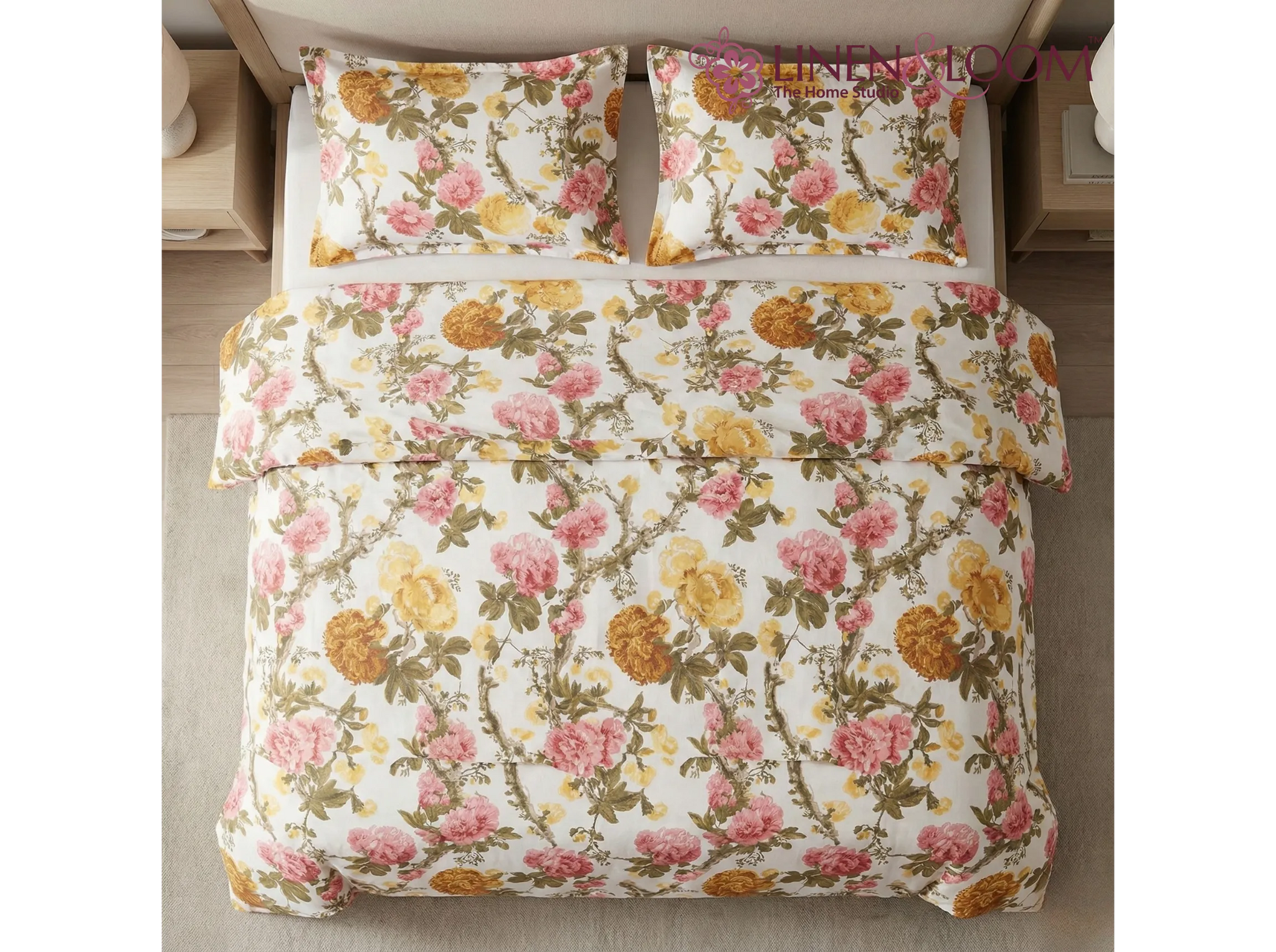 Autumn Bloom - Linen & Loom Natural Collection - Super King (100x108) 100% Pure Cotton Bedsheet with 2 Pillow Covers | Soft Breathable Bedspread for Home Decor | TC 240