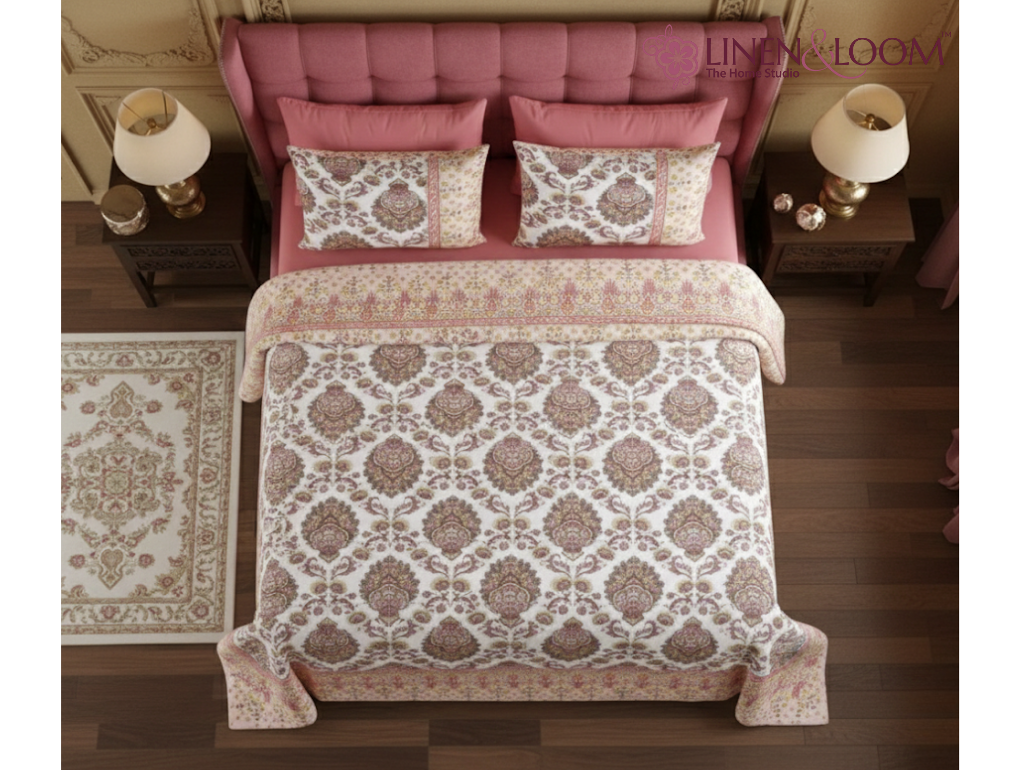 Maharani Muse-Peach — Linen & Loom Maharani Motifs Premium 100% Pure Cotton King Size (90x108) Double Bed Bedsheet with 2 Pillow Covers || Floral Printed Elegant Bedroom Bedding Set || 240 TC