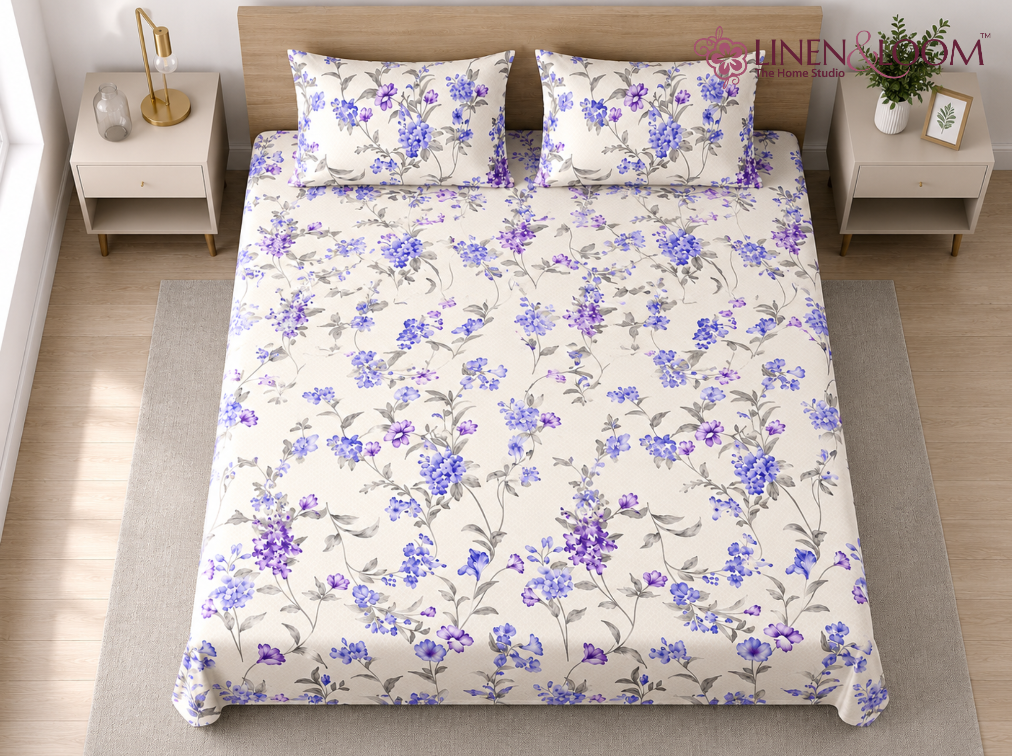 Lavender Edit - Urban Bloom Poly-Cotton Queen Size Bedsheet Set (90x100 Inches) with 2 Matching Pillow Covers - Wrinkle-Free Comfort