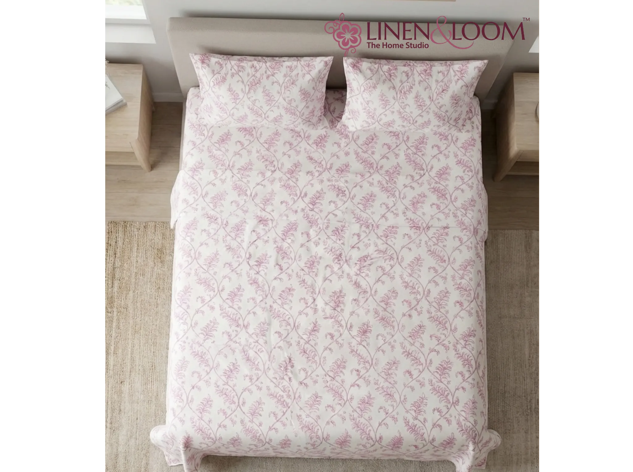 Petal Vine - Linen & Loom Serenity Series Super King Size (108x108 inches) Double Bedsheet with 2 Pillow Covers || Soft Breathable Cotton Feel Bedding Set with Elegant Geometric Design || TC 240