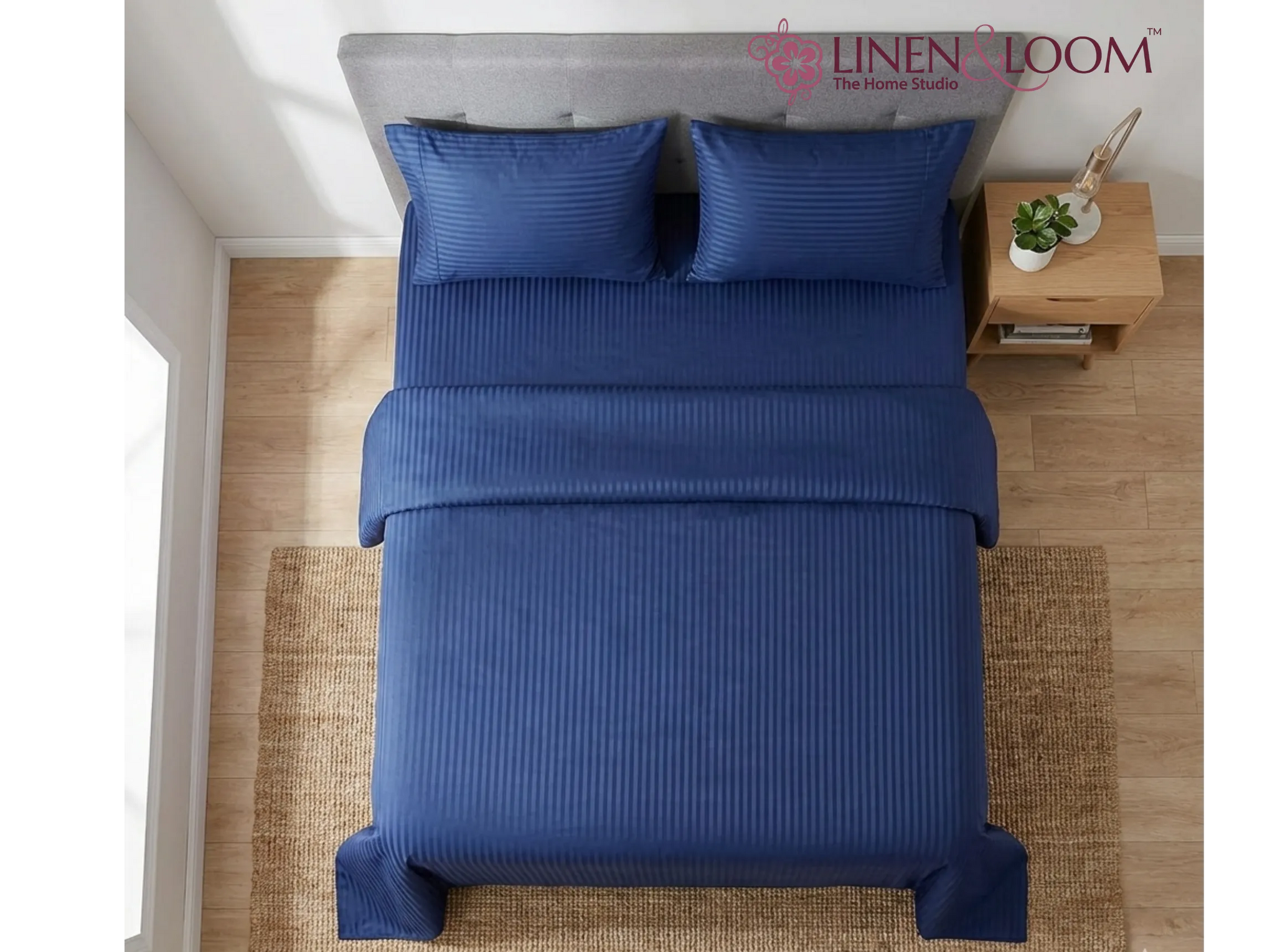 Navy blue - Linen & Loom Elegance Series Super King Size Bedsheet with 2 Pillow Covers | Luxury Striped Cotton Blend Bedsheet Set 200 TC | Soft, Breathable & Hotel-Style Finish (108 x 108 inches)