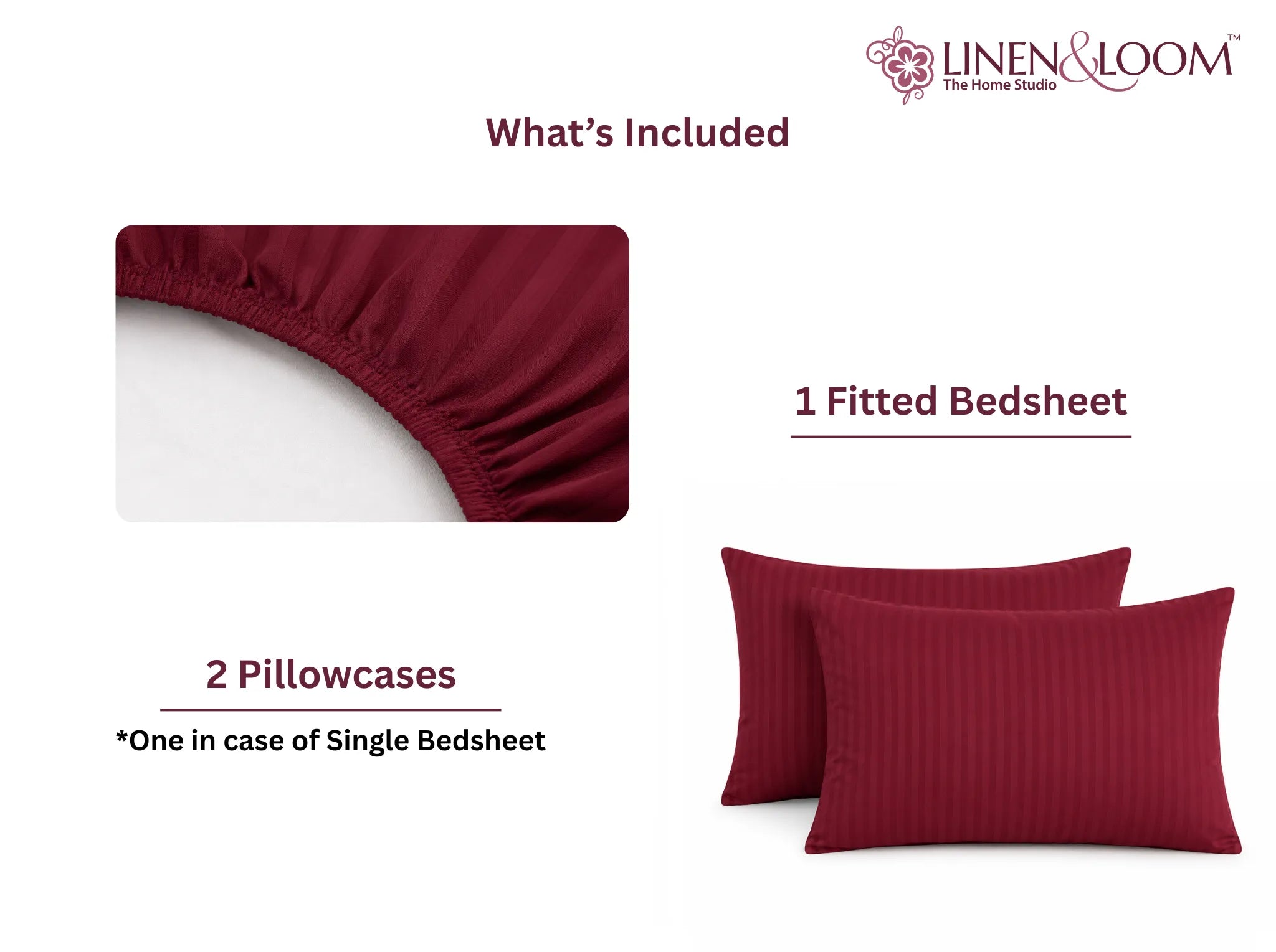 Maroon - Linen & Loom Elegance King Size 360° Fitted (72X78 + 9 inches) Elasticated Bedsheet | Elegant Satin Stripes | No-Slip Design | Snug, Secure Grip | Fits Upto 8 Inch Mattress | 200 TC