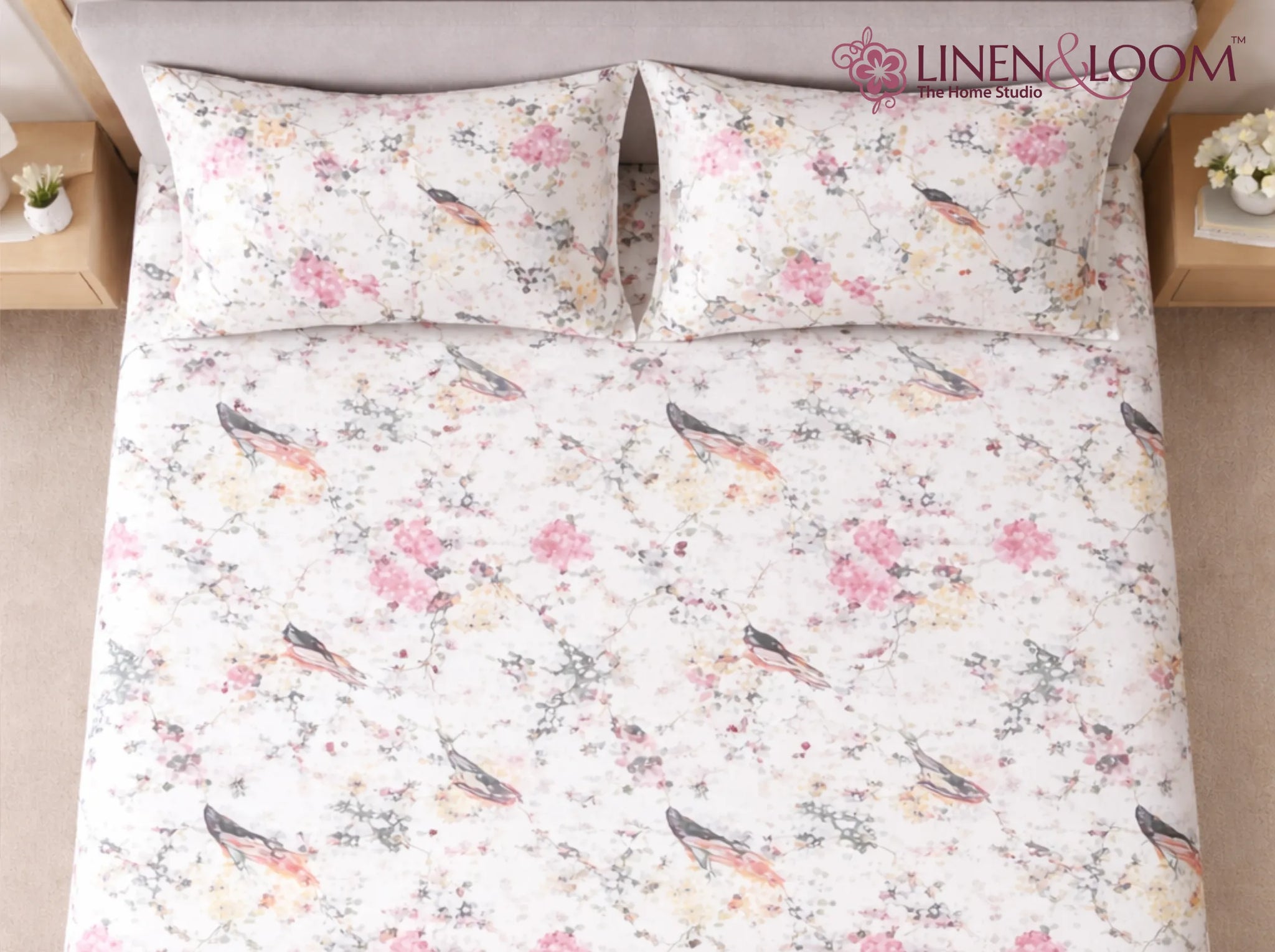 Pink Blossom Aviary - Linen & Loom Natural Collection - Super King (100x108) 100% Pure Cotton Bedsheet with 2 Pillow Covers | Soft Breathable Bedspread for Home Decor | TC 240