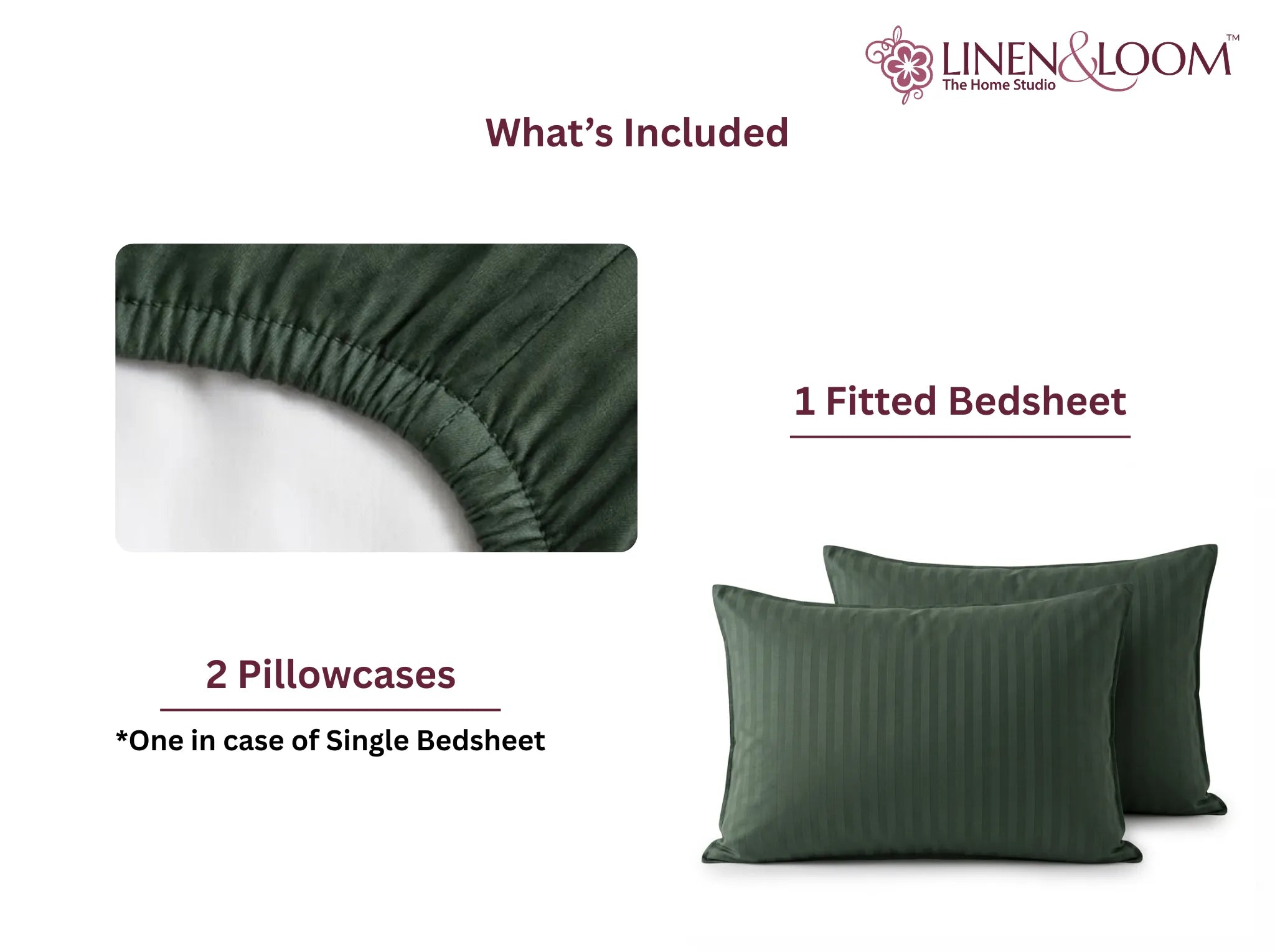 Mediterranean Green - Linen & Loom Elegance King Size 360° Fitted (72X78 + 9 inches) Elasticated Bedsheet | Elegant Satin Stripes | No-Slip Design | Snug, Secure Grip | Fits Upto 8 Inch Mattress | 200 TC