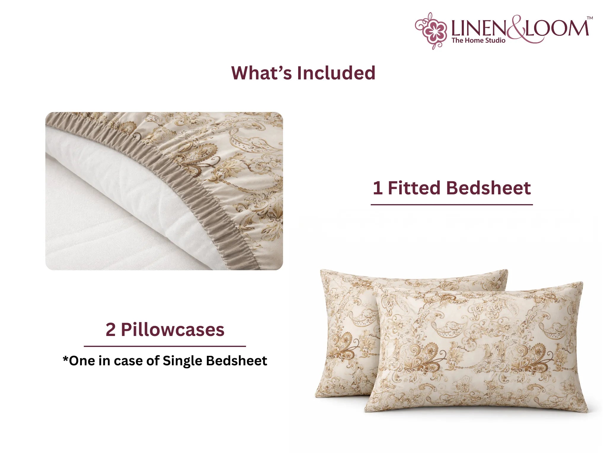 Taupe Tapestry - Linen & Loom Pure Comfort Series 360° Elastic Fitted Bedsheet | Soft and Comfortable Bed Linen Set for a Cozy Bedroom | 200 TC | King Size 72x78 inches + 9 inches