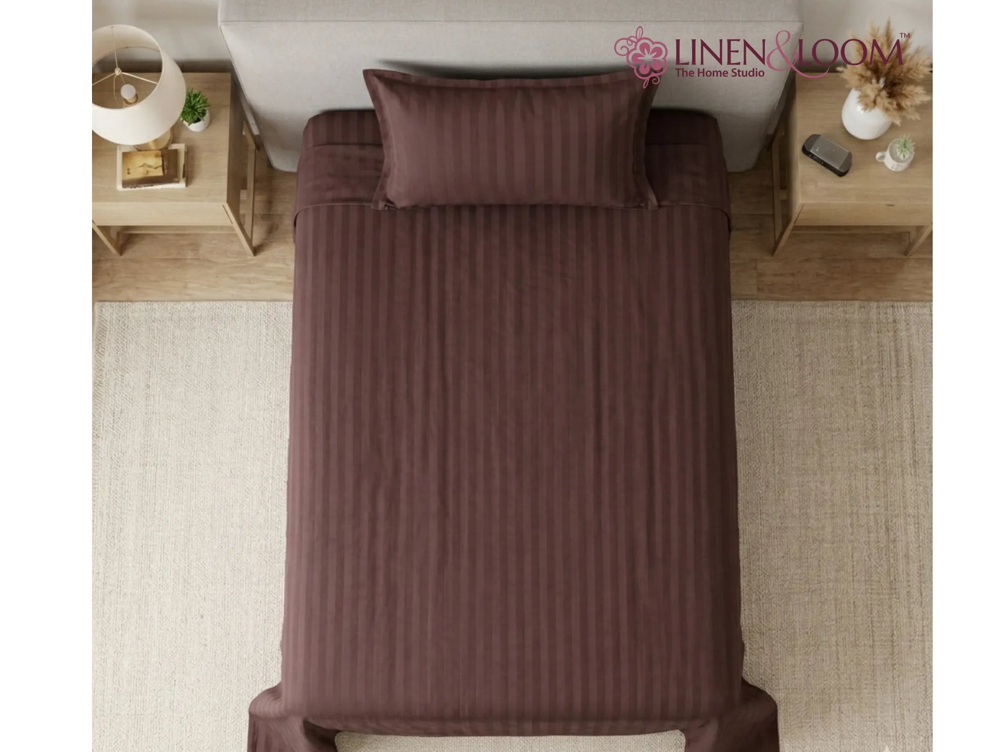 Brown - Linen & Loom Elegance Series (60x90 inches) Bedsheet with 1 Pillow Cover | Luxury Striped Cotton Blend Bedsheet Set | Soft, Breathable & Hotel-Style Finish | TC 200