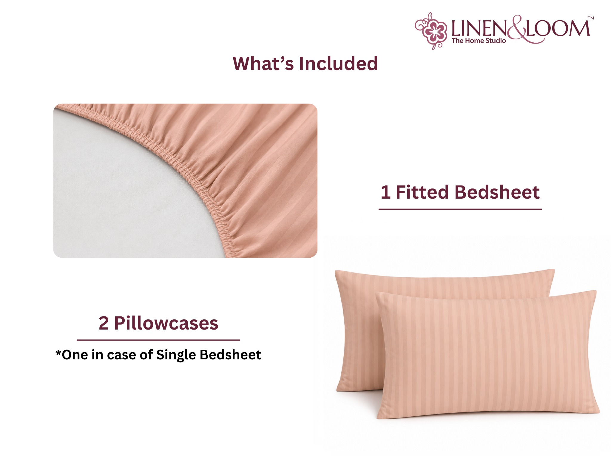 Peach - Linen & Loom Elegance King Size 360° Fitted (72X78 + 9 inches) Elasticated Bedsheet | Elegant Satin Stripes | No-Slip Design | Snug, Secure Grip | Fits Upto 8 Inch Mattress | 200 TC