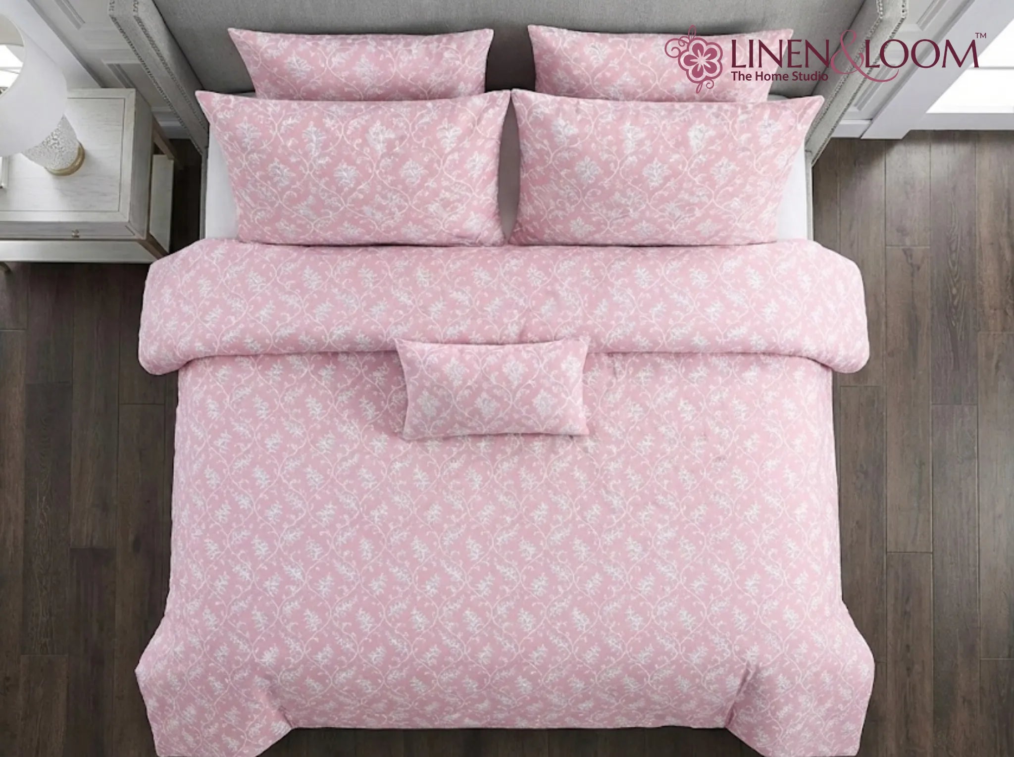 Powder Rose Garden - Linen & Loom Serenity Series Super King Size (108x108 inches) Double Bedsheet with 2 Pillow Covers || Soft Breathable Cotton Feel Bedding Set with Elegant Geometric Design || TC 240