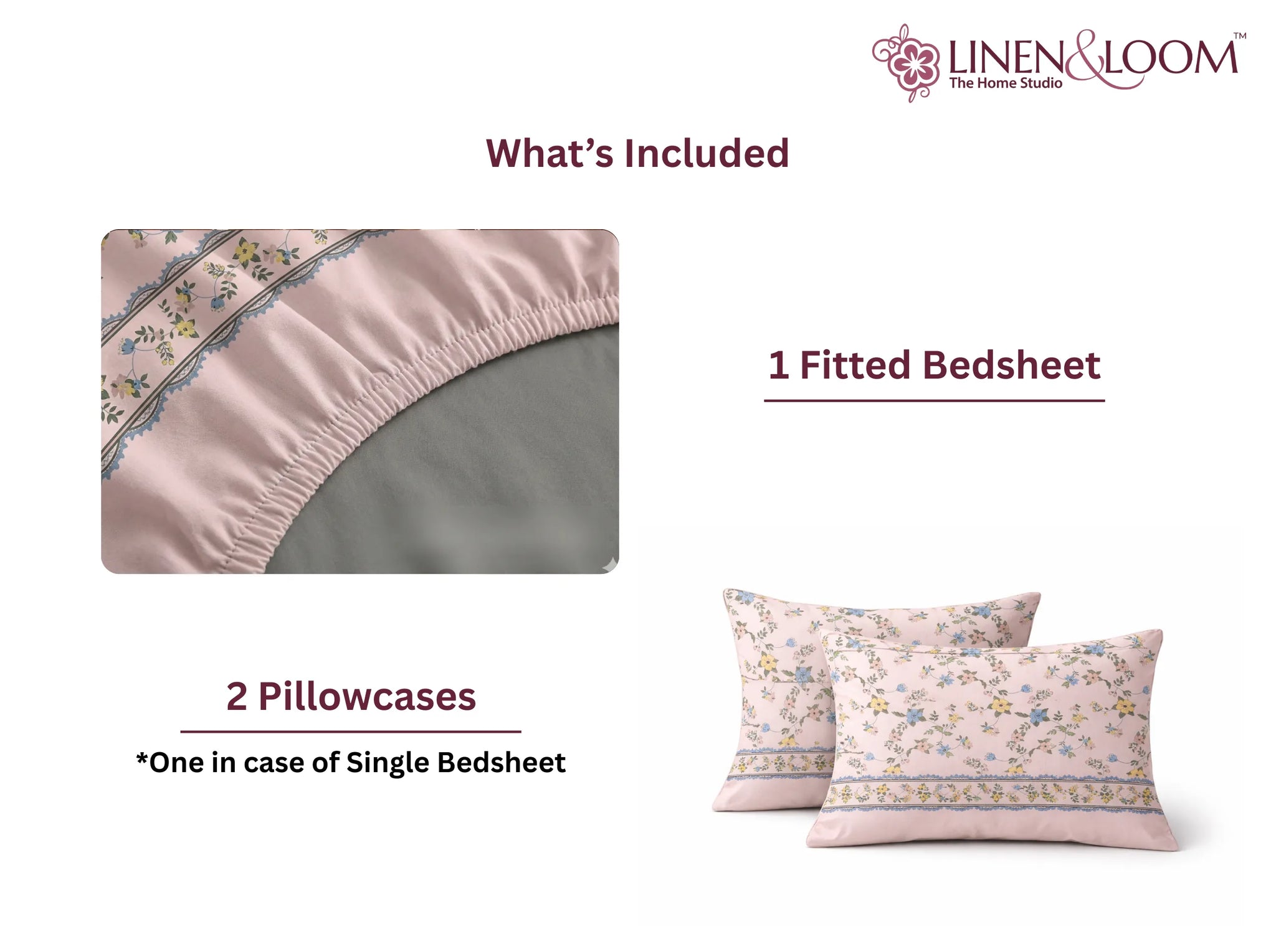 Bloom Elegance - Linen & Loom Pure Comfort Series 360° Elastic Fitted Bedsheet | Soft and Comfortable Bed Linen Set for a Cozy Bedroom | 200 TC | King Size 72x78 inches + 9 inches