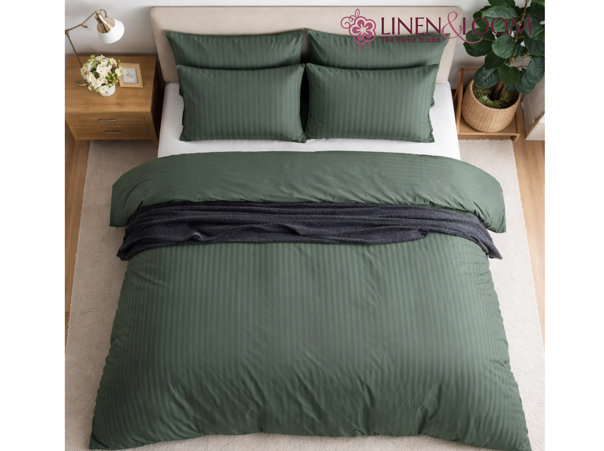 Mediterranean Green - Linen & Loom Elegance Series King Size Bedsheet (90 x 100 Inches) with 2 Pillow Covers | Luxury Striped Cotton Blend | 200 TC | Soft, Breathable & Hotel-Style Finish
