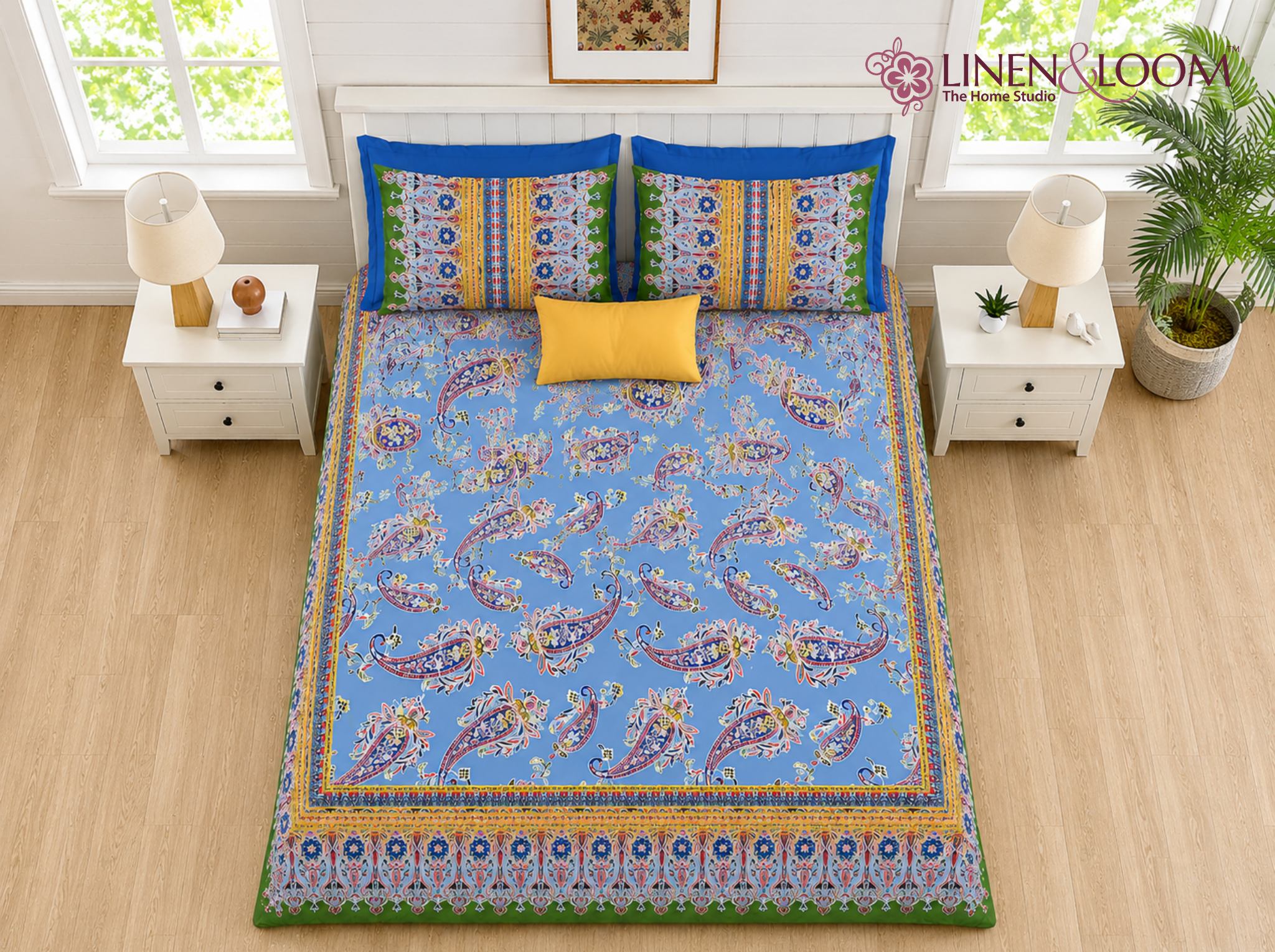 Rajwada Paisley-Blue — Linen & Loom Maharani Motifs Premium 100% Pure Cotton King Size (90x108) Double Bed Bedsheet with 2 Pillow Covers || Floral Printed Elegant Bedroom Bedding Set || 240 TC