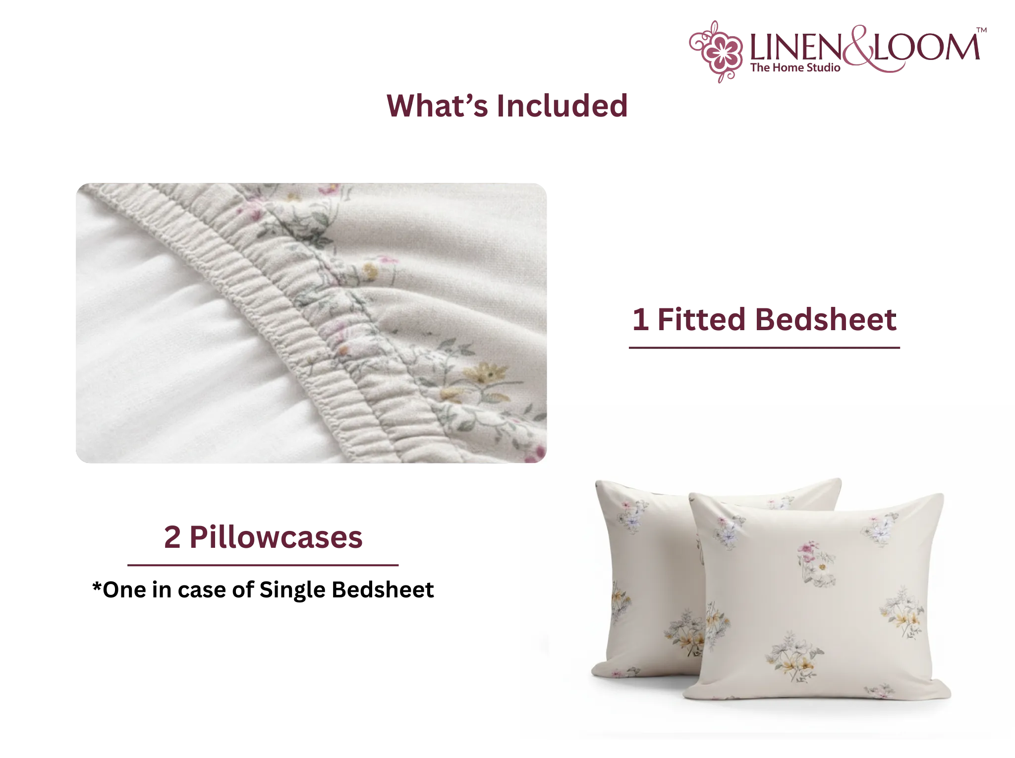 Porcelain Petals - Linen & Loom Pure Comfort Series 360° Elastic Fitted Bedsheet | Soft and Comfortable Bed Linen Set for a Cozy Bedroom | 200 TC | King Size 72x78 inches + 9 inches