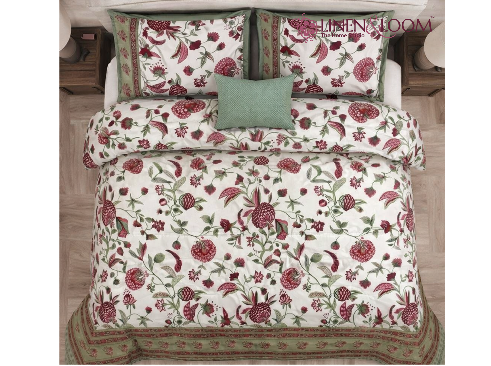 Firdaus Heritage - Red — Linen & Loom Maharani Motifs Premium 100% Pure Cotton King Size (90x108) Double Bed Bedsheet with 2 Pillow Covers || Floral Printed Elegant Bedroom Bedding Set || 240 TC