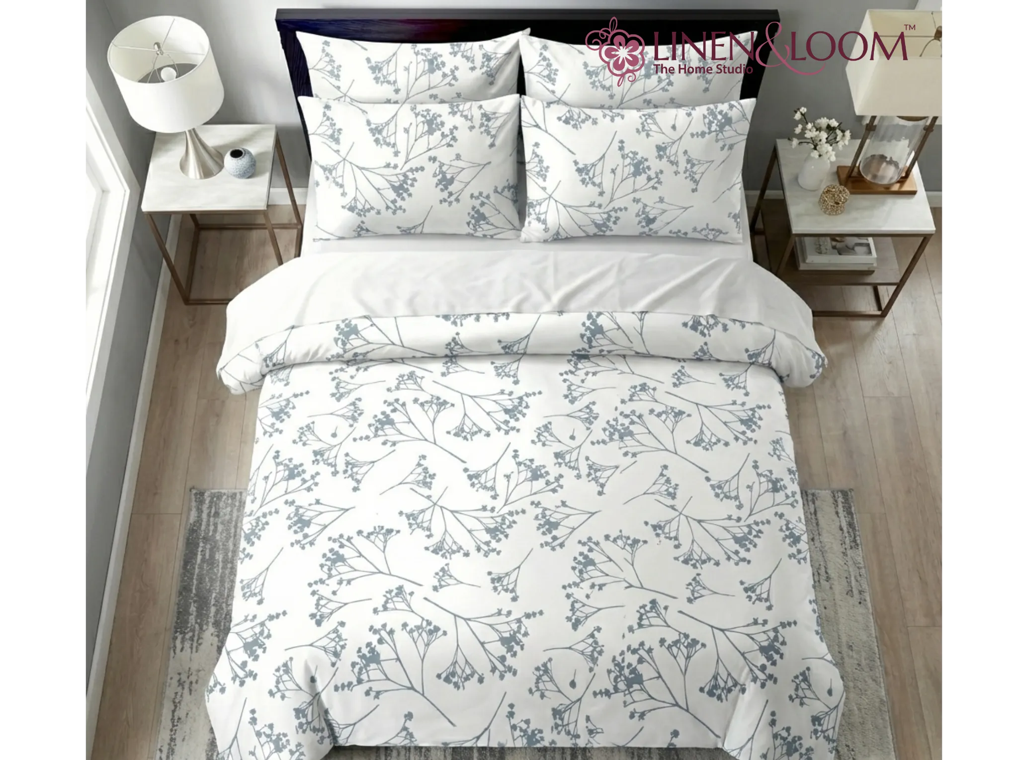 Blue Willow Mist - Linen & Loom Serenity Series Super King Size (108x108 inches) Double Bedsheet with 2 Pillow Covers || Soft Breathable Cotton Feel Bedding Set with Elegant Geometric Design || TC 240