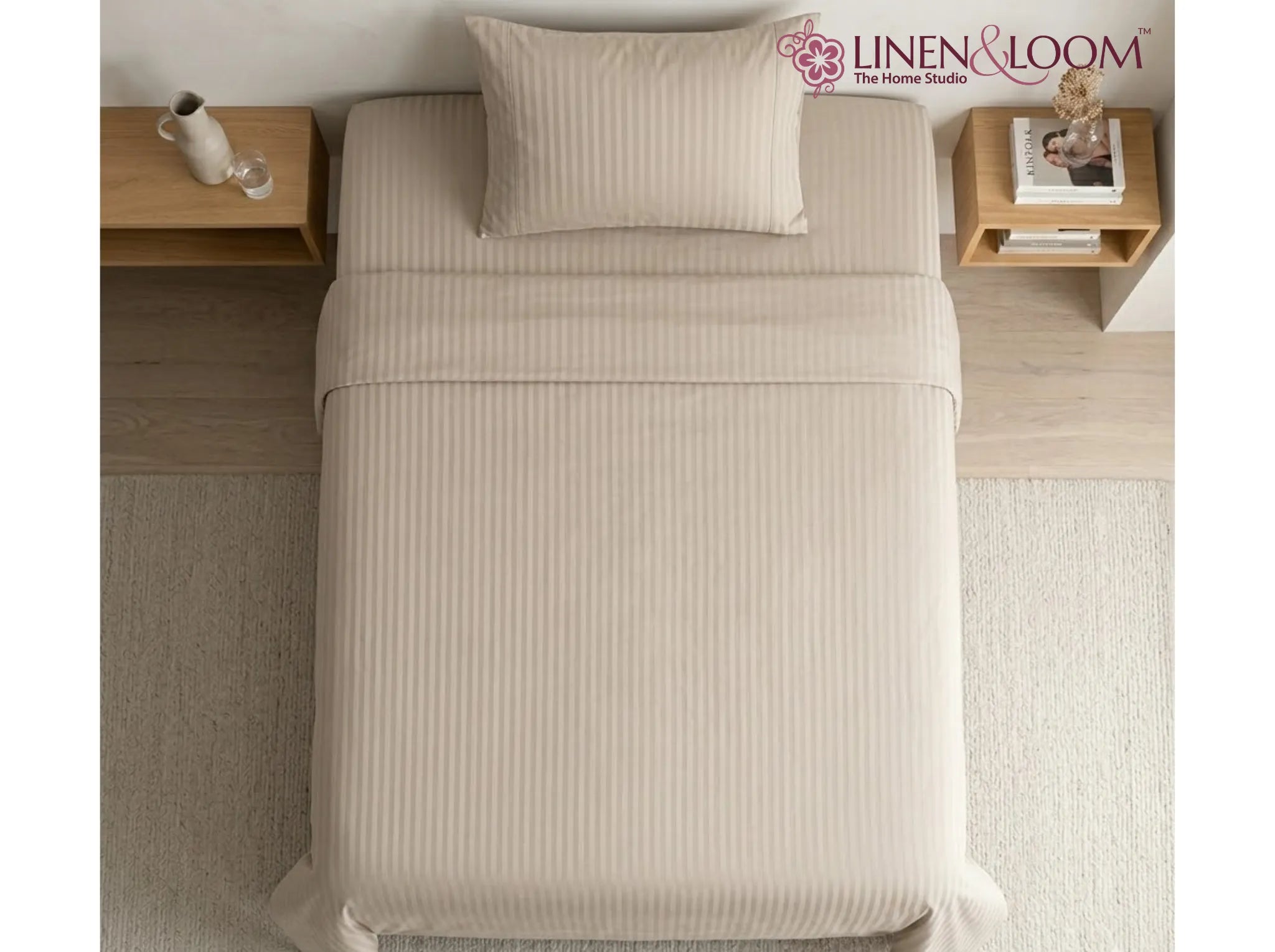 Beige - Linen & Loom Elegance Series (60x90 inches) Bedsheet with 1 Pillow Cover | Luxury Striped Cotton Blend Bedsheet Set | Soft, Breathable & Hotel-Style Finish | TC 200