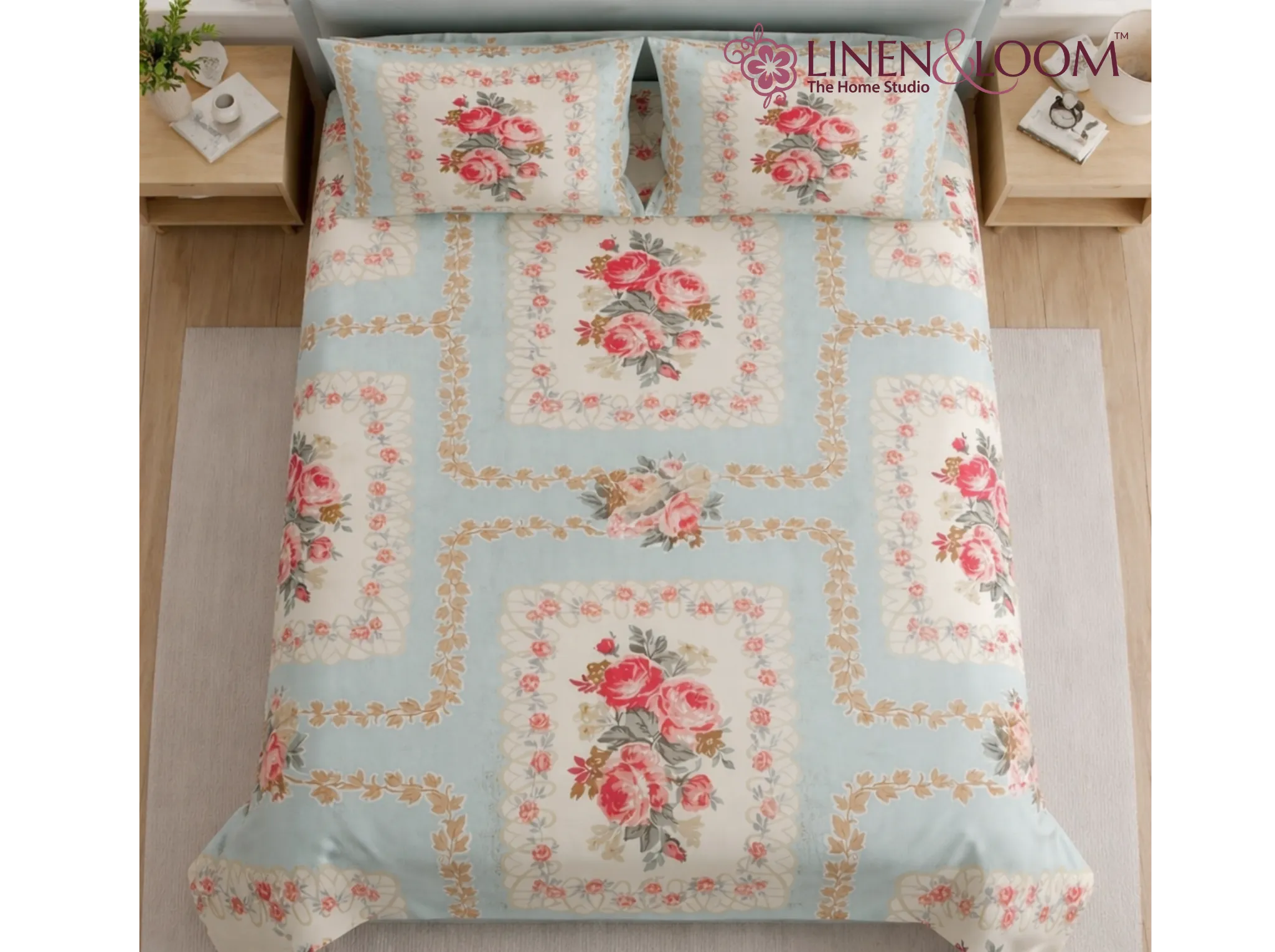 English Floral - Linen & Loom Natural Collection - Super King (100x108) 100% Pure Cotton Bedsheet with 2 Pillow Covers | Soft Breathable Bedspread for Home Decor | TC 240