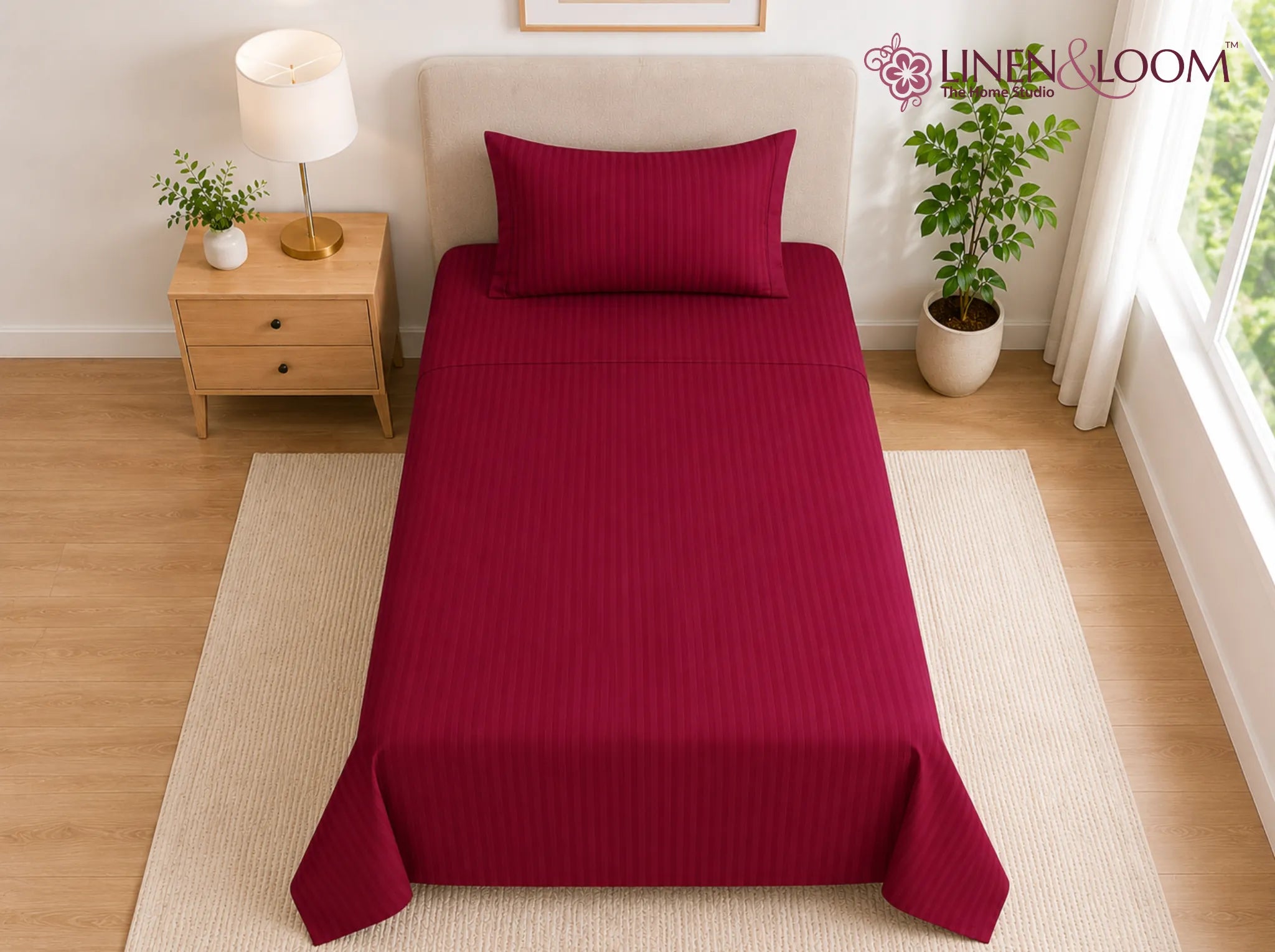 Maroon - Linen & Loom Elegance Series (60x90 inches) Bedsheet with 1 Pillow Cover | Luxury Striped Cotton Blend Bedsheet Set | Soft, Breathable & Hotel-Style Finish | TC 200