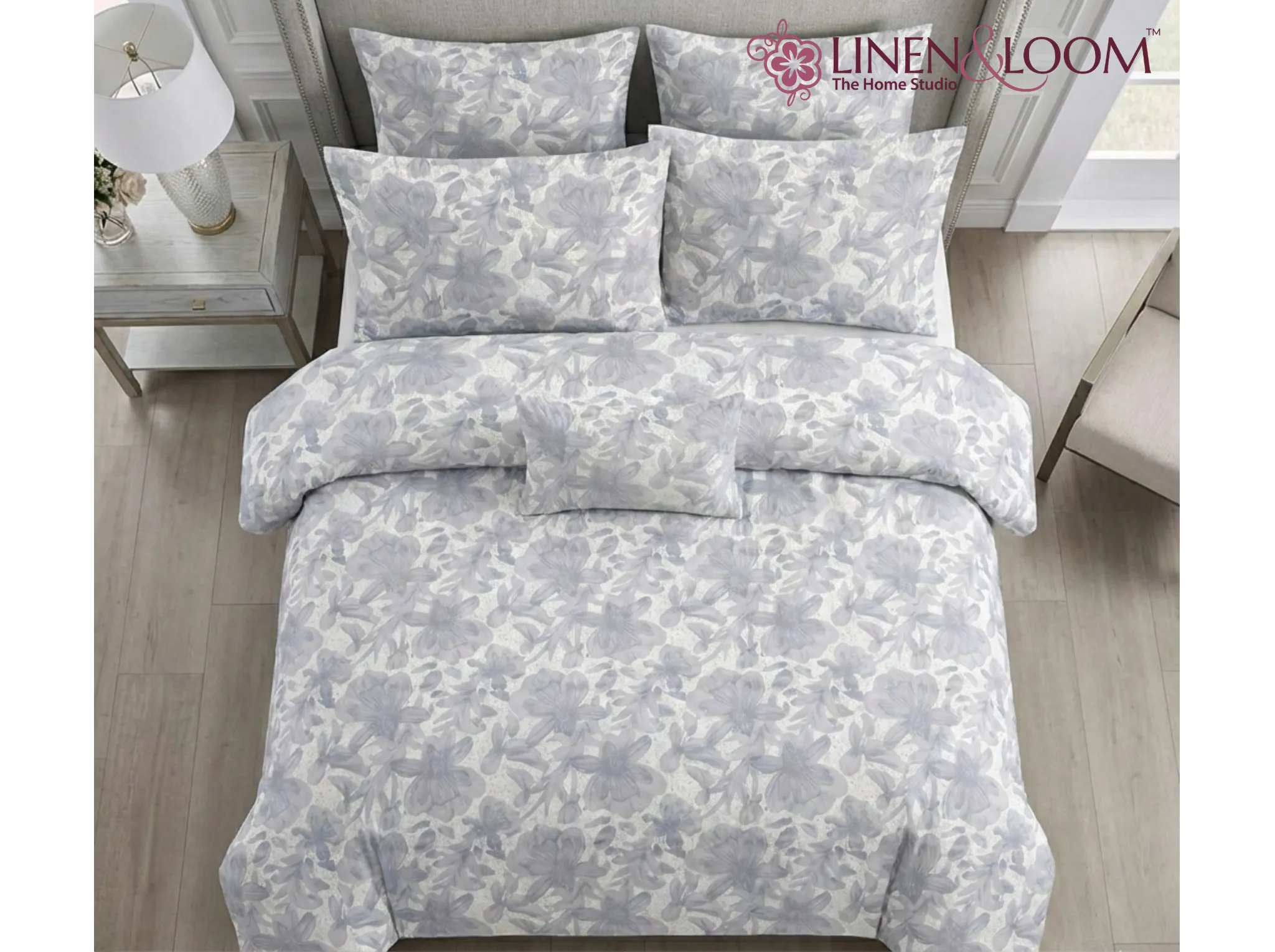 Serene Silver Garden - Linen & Loom Serenity Series Super King Size (108x108 inches) Double Bedsheet with 2 Pillow Covers || Soft Breathable Cotton Feel Bedding Set with Elegant Geometric Design || TC 240